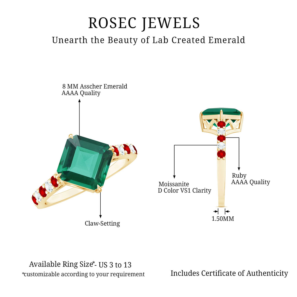 Lab Created Emerald Engagement Ring with Lab Created Ruby and Moissanite