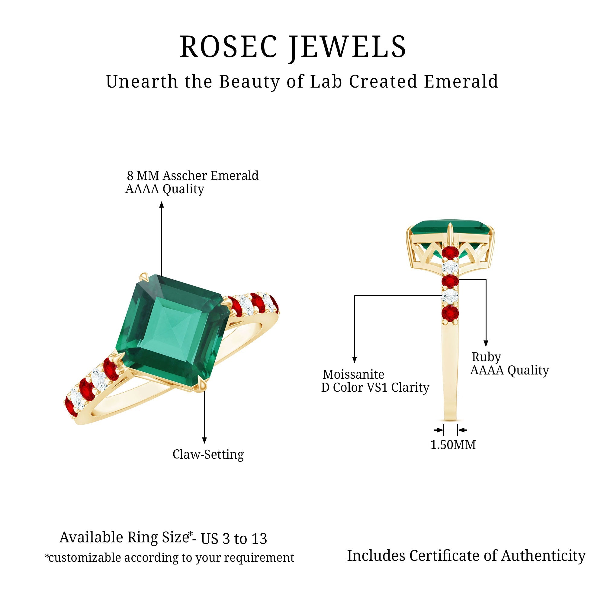 Lab Created Emerald Engagement Ring with Lab Created Ruby and Moissanite