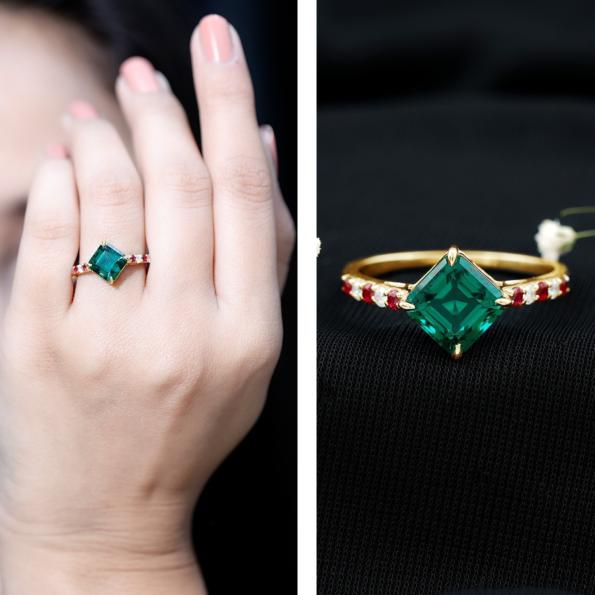 Lab Created Emerald Engagement Ring with Lab Created Ruby and Moissanite