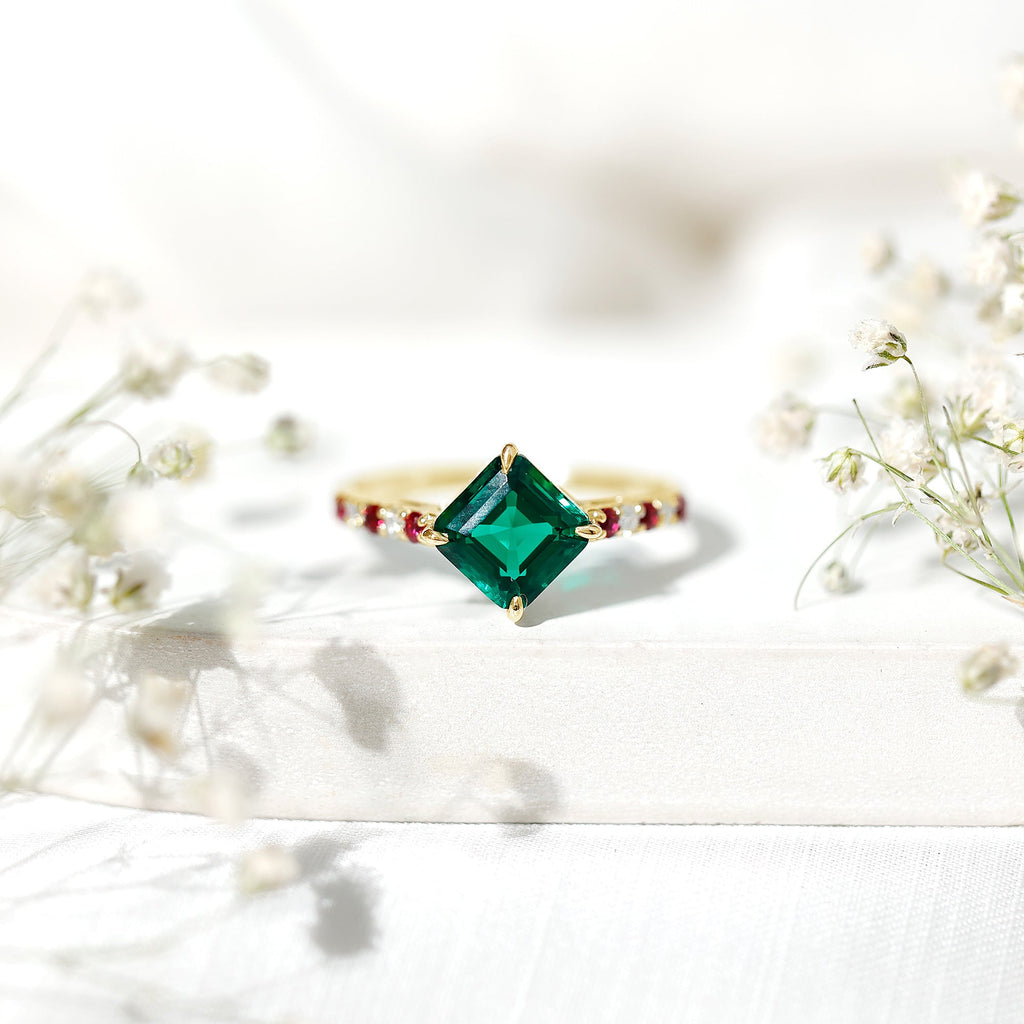 Lab Created Emerald Engagement Ring with Lab Created Ruby and Moissanite
