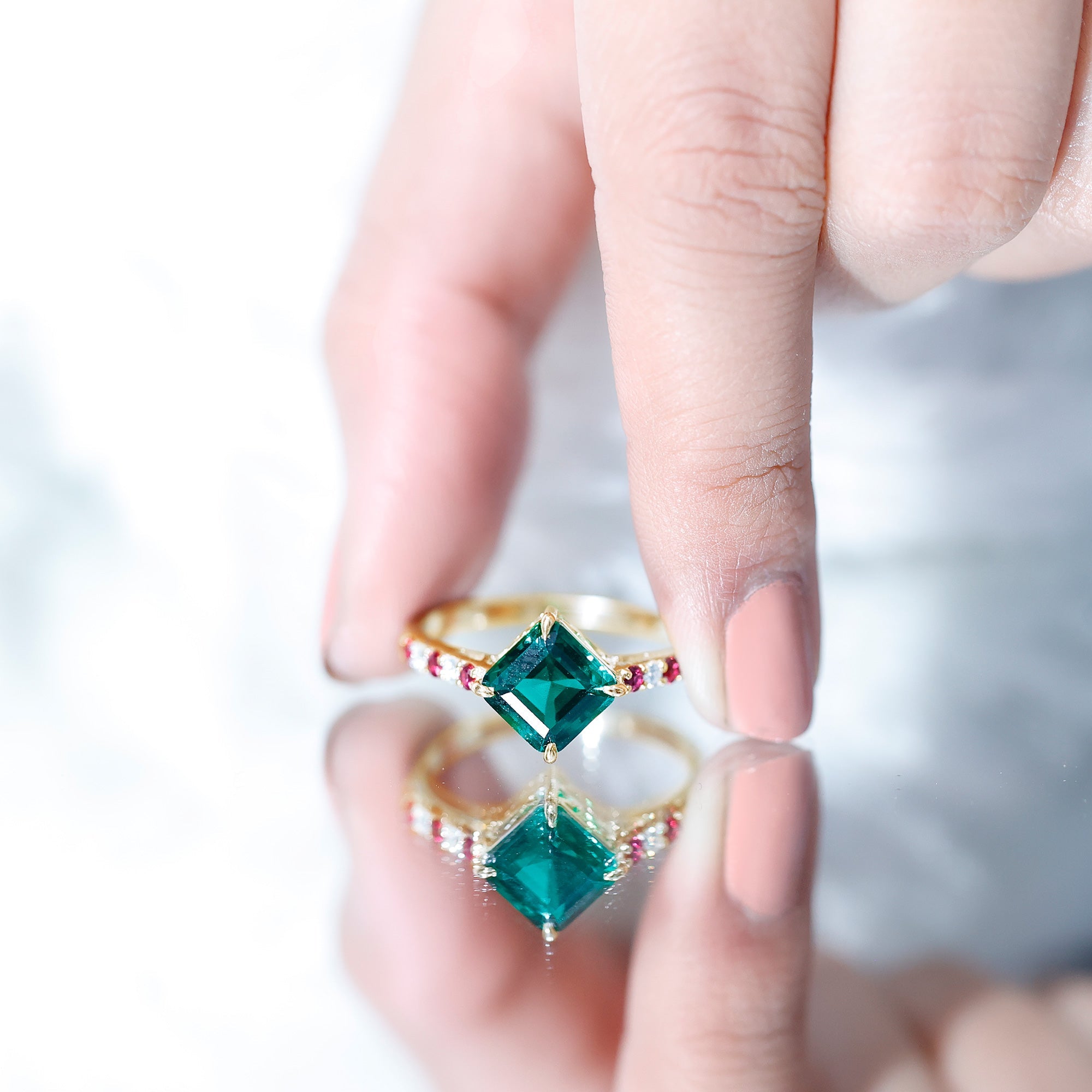 Lab Created Emerald Engagement Ring with Lab Created Ruby and Moissanite