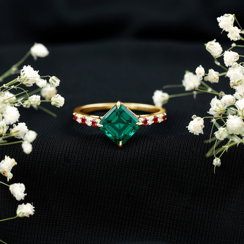 Lab Created Emerald Engagement Ring with Lab Created Ruby and Moissanite