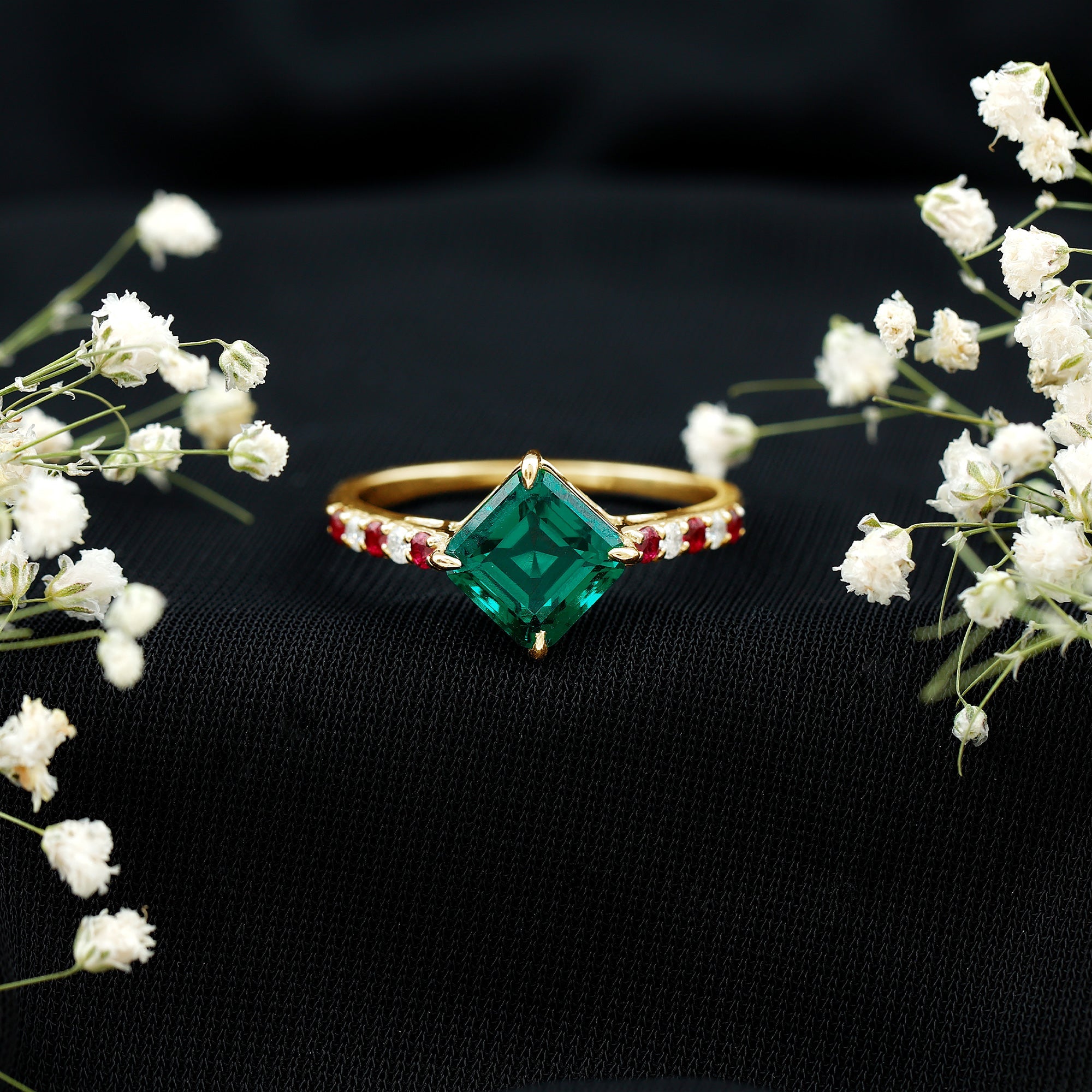 Lab Created Emerald Engagement Ring with Lab Created Ruby and Moissanite