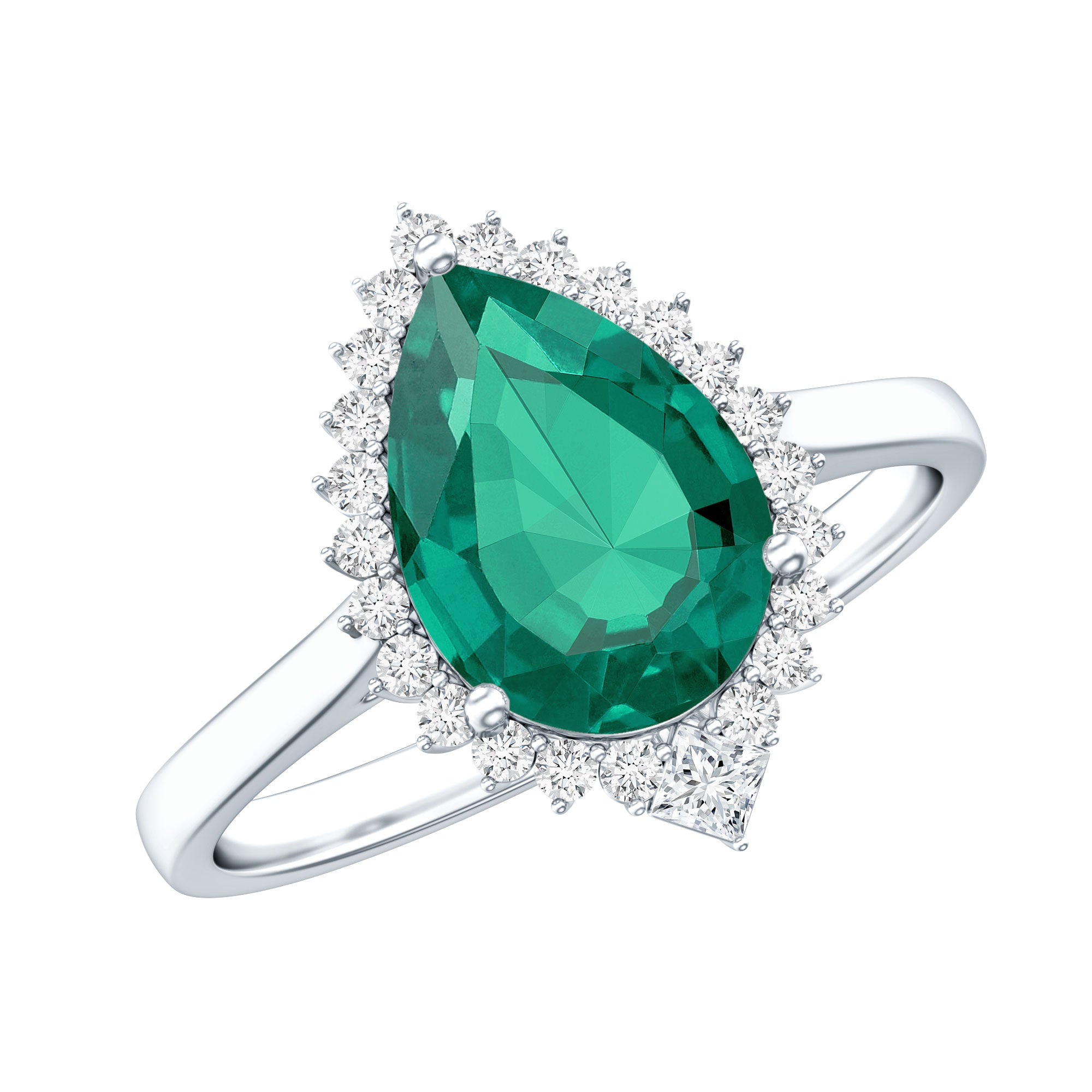 Certified 7X10 mm Lab Grown Emerald Teardrop Engagement Ring with Diamond Halo
