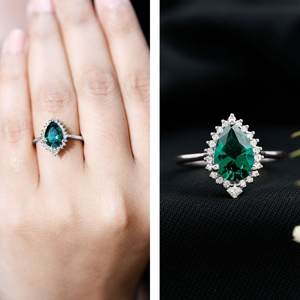 Certified 7X10 mm Lab Grown Emerald Teardrop Engagement Ring with Diamond Halo