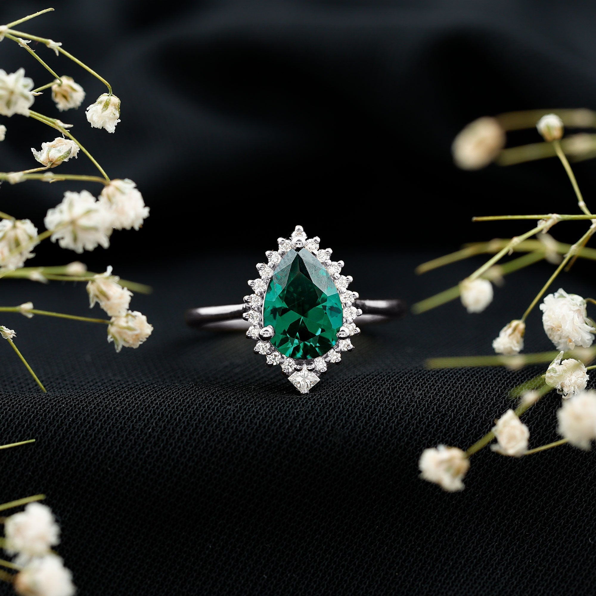 Certified 7X10 mm Lab Grown Emerald Teardrop Engagement Ring with Diamond Halo