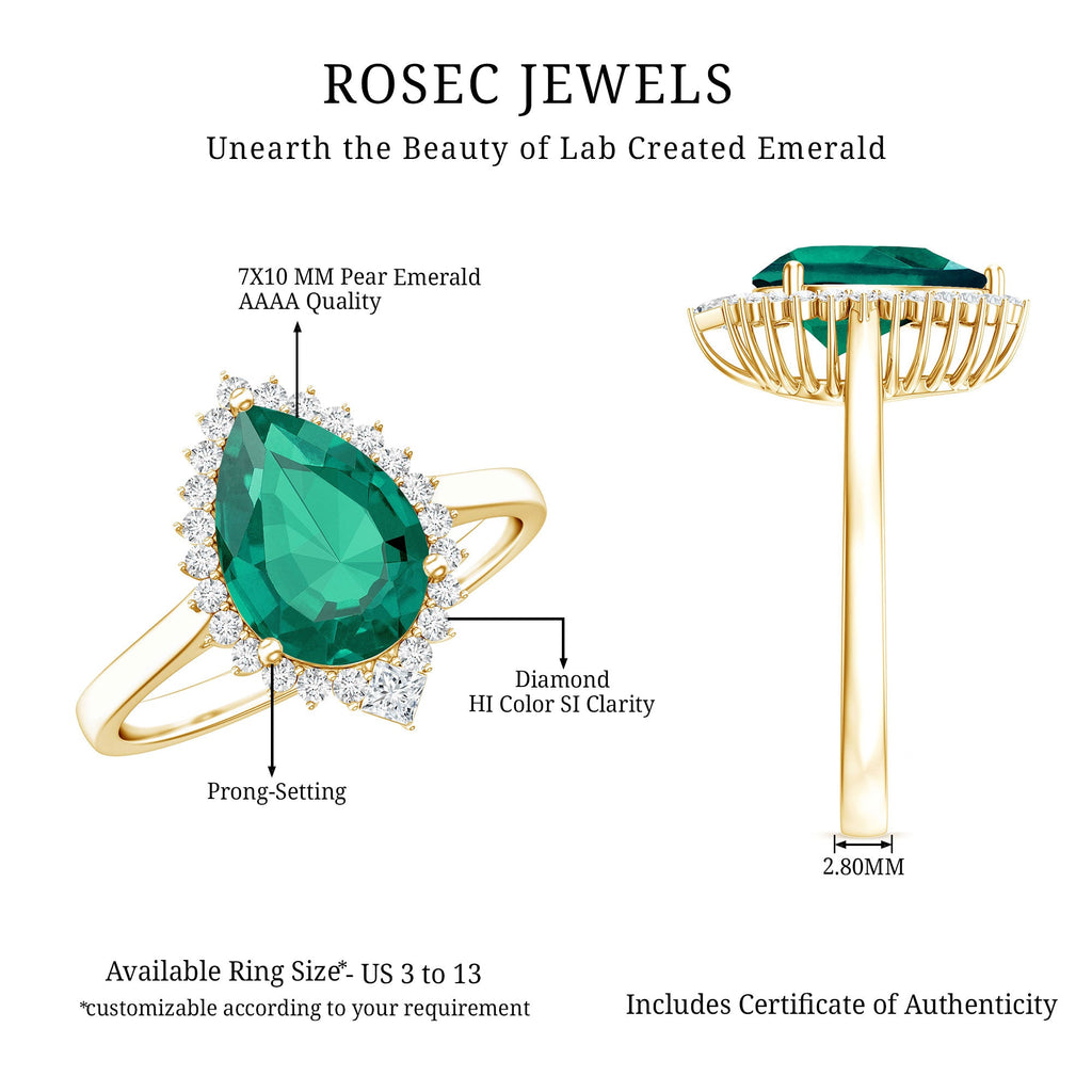 Certified 7X10 mm Lab Grown Emerald Teardrop Engagement Ring with Diamond Halo