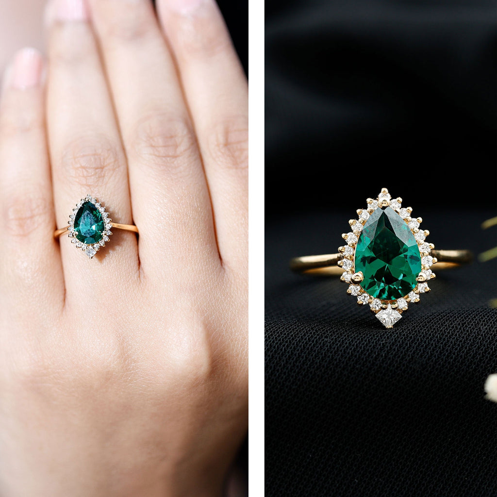 Certified 7X10 mm Lab Grown Emerald Teardrop Engagement Ring with Diamond Halo