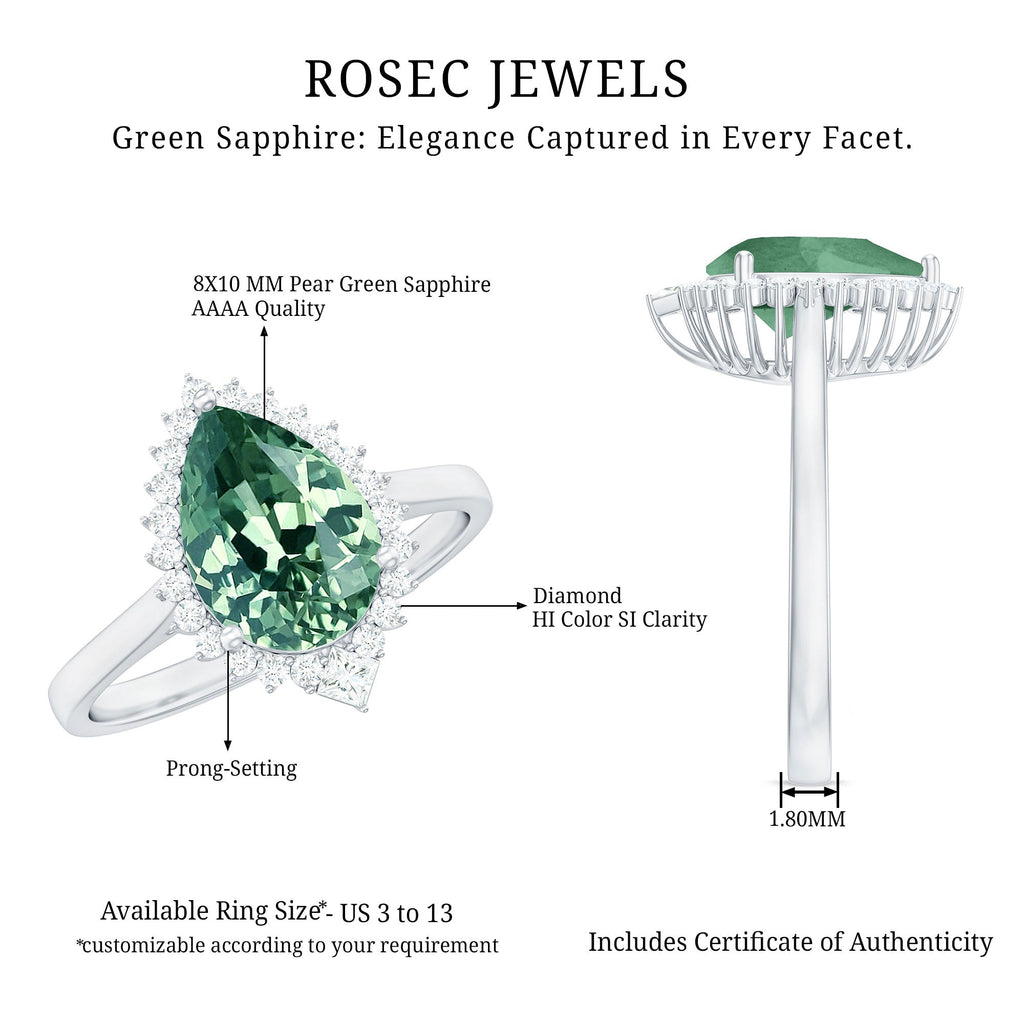 Cocktail Engagement Ring with Created Green Sapphire and Diamond Halo
