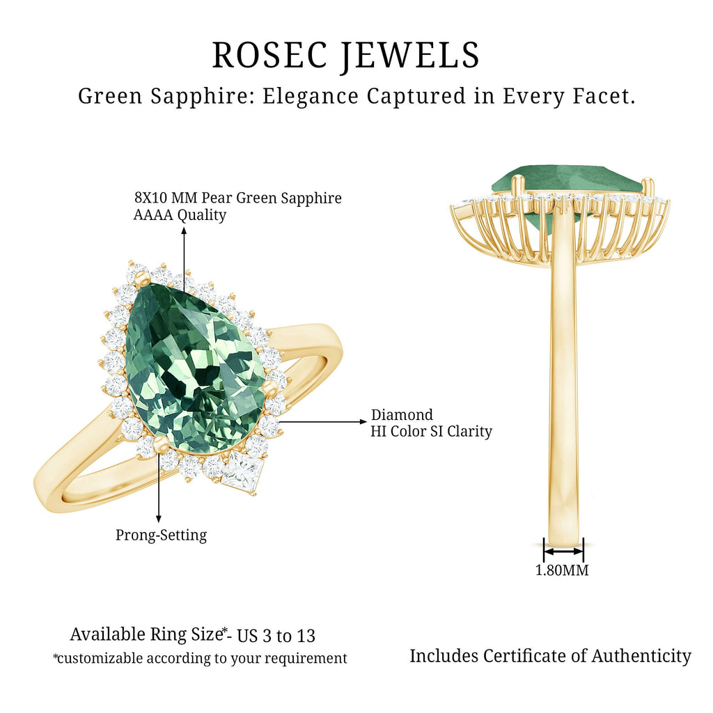 Cocktail Engagement Ring with Created Green Sapphire and Diamond Halo