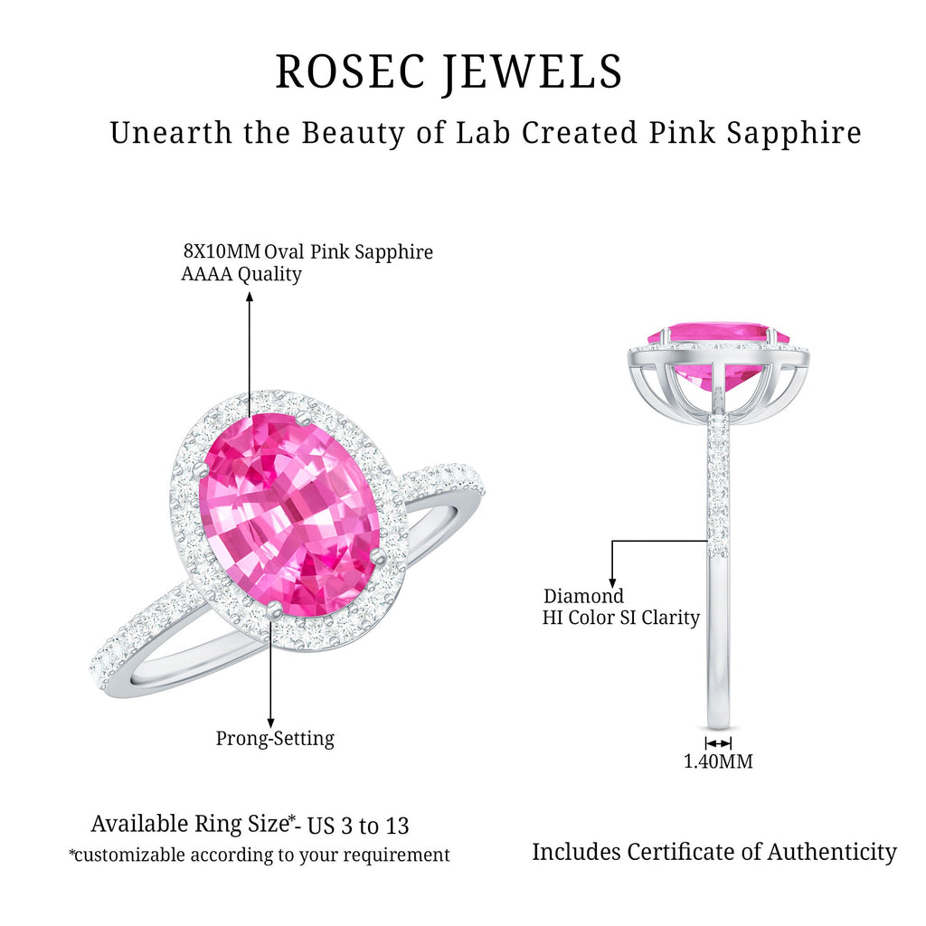 Oval Cut Created Pink Sapphire and Diamond Halo Ring