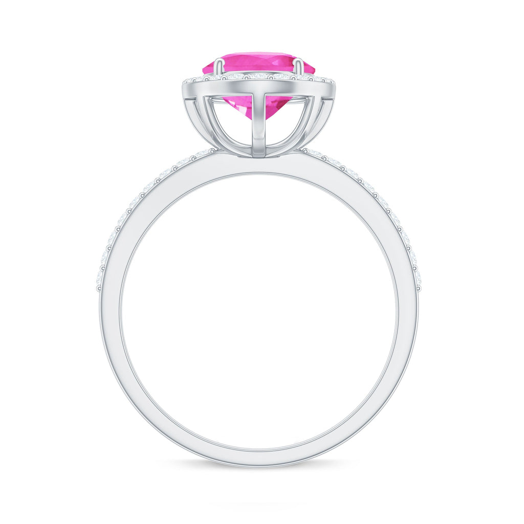 Oval Cut Created Pink Sapphire and Diamond Halo Ring