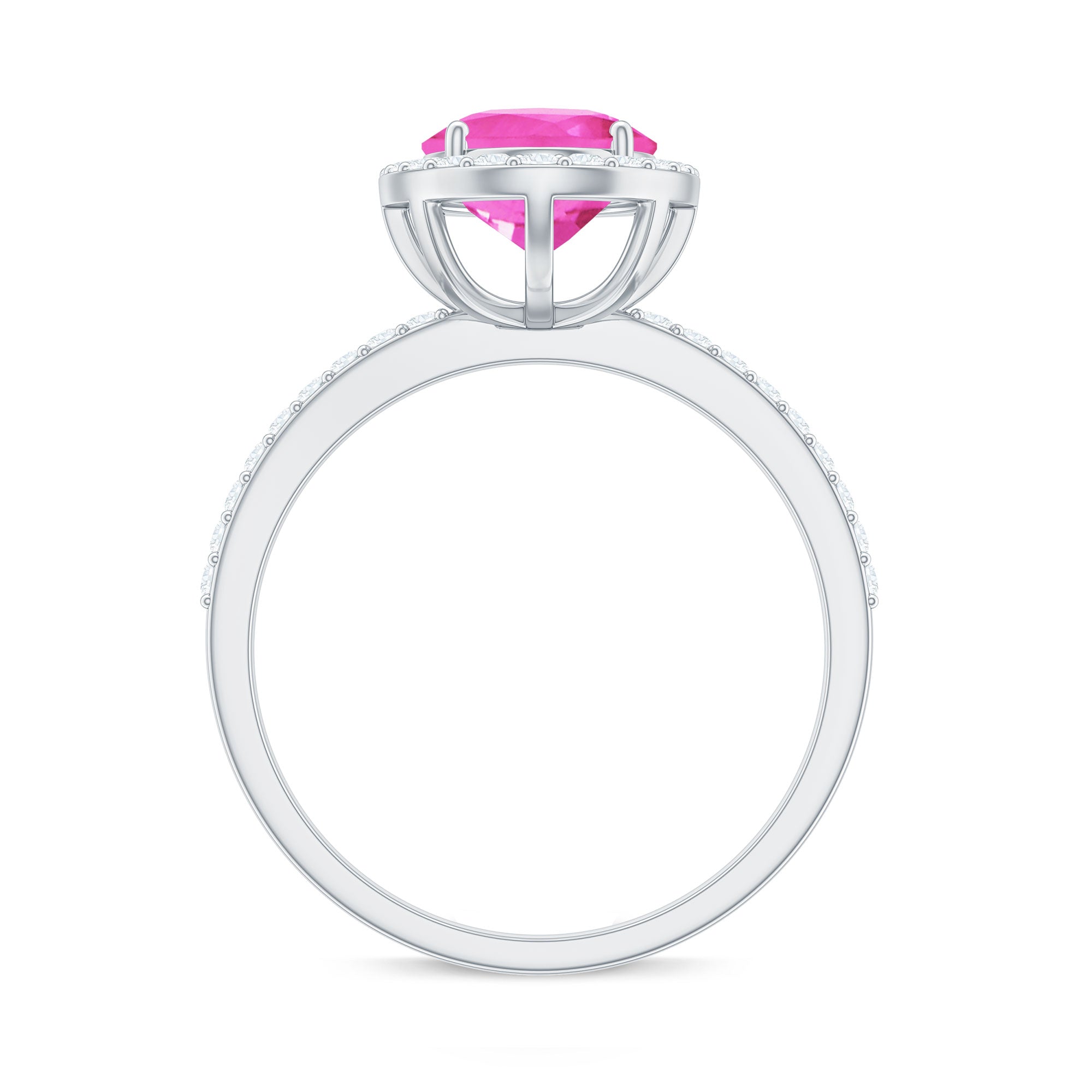 Oval Cut Created Pink Sapphire and Diamond Halo Ring
