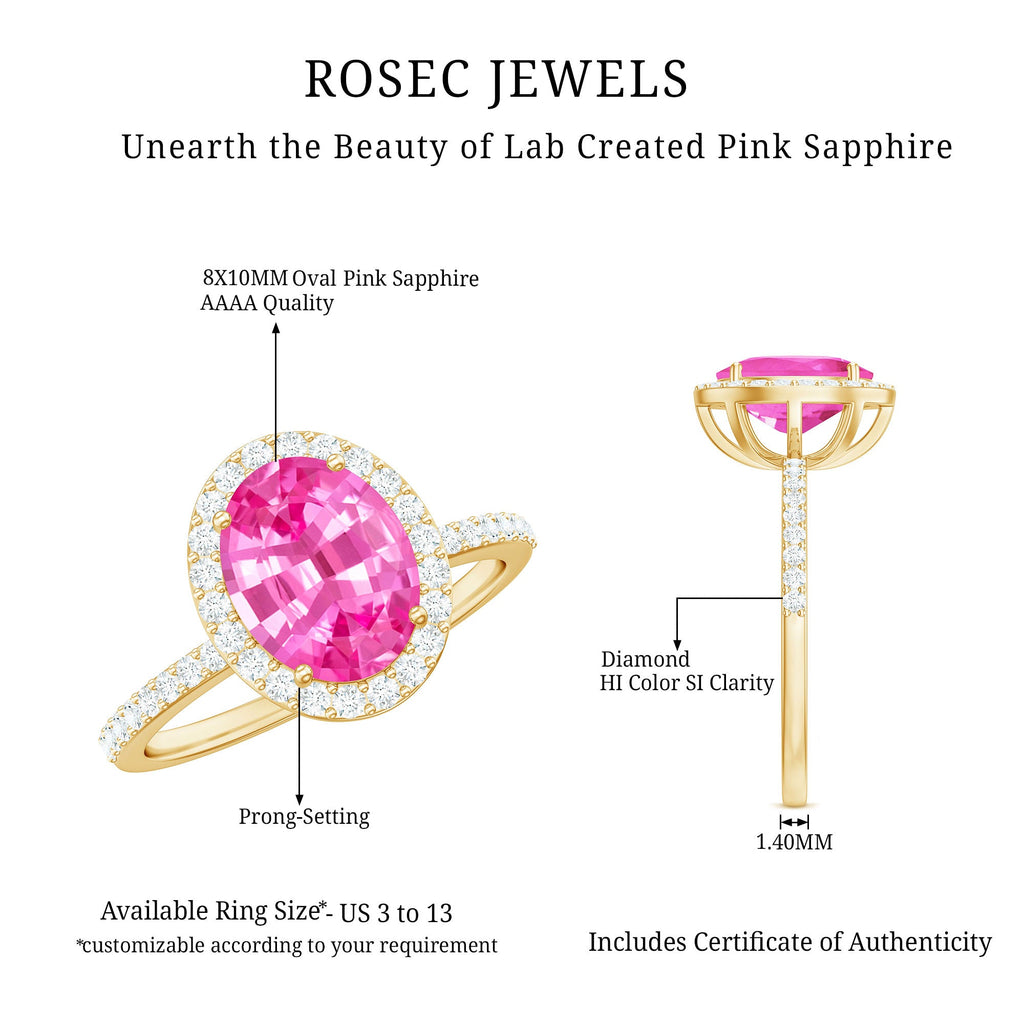 Oval Cut Created Pink Sapphire and Diamond Halo Ring