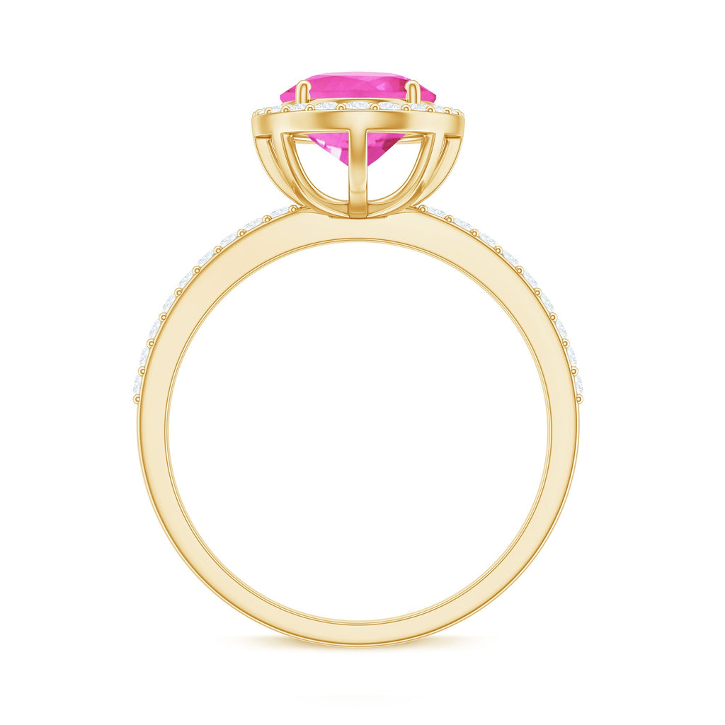 Oval Cut Created Pink Sapphire and Diamond Halo Ring