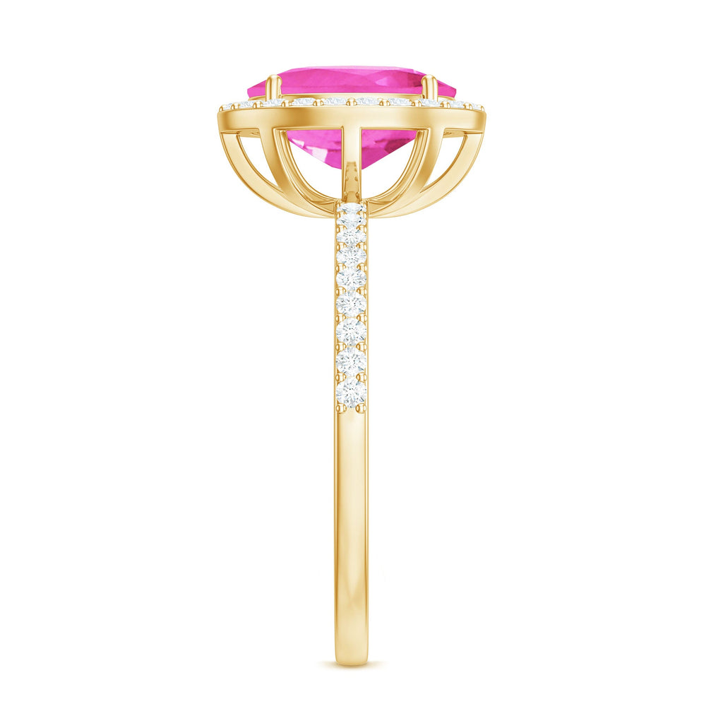 Oval Cut Created Pink Sapphire and Diamond Halo Ring