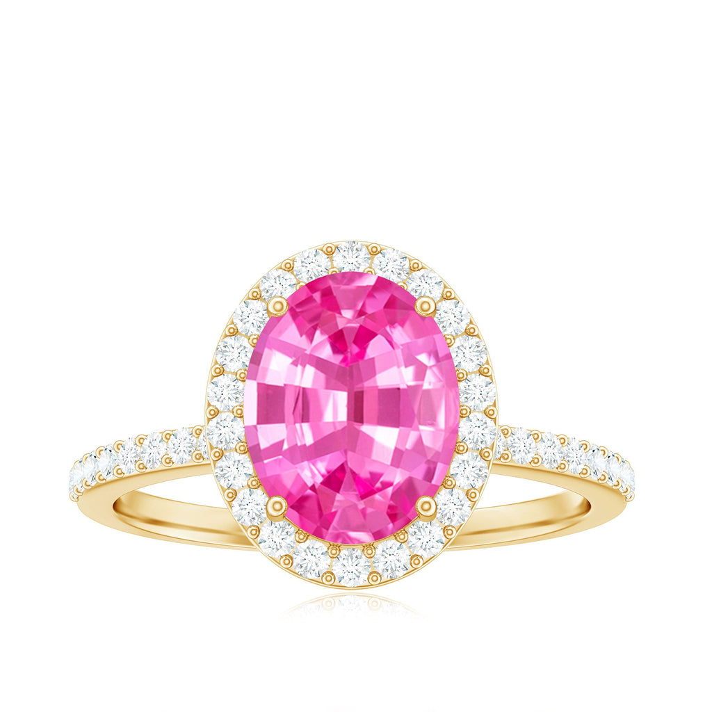 Oval Cut Created Pink Sapphire and Diamond Halo Ring