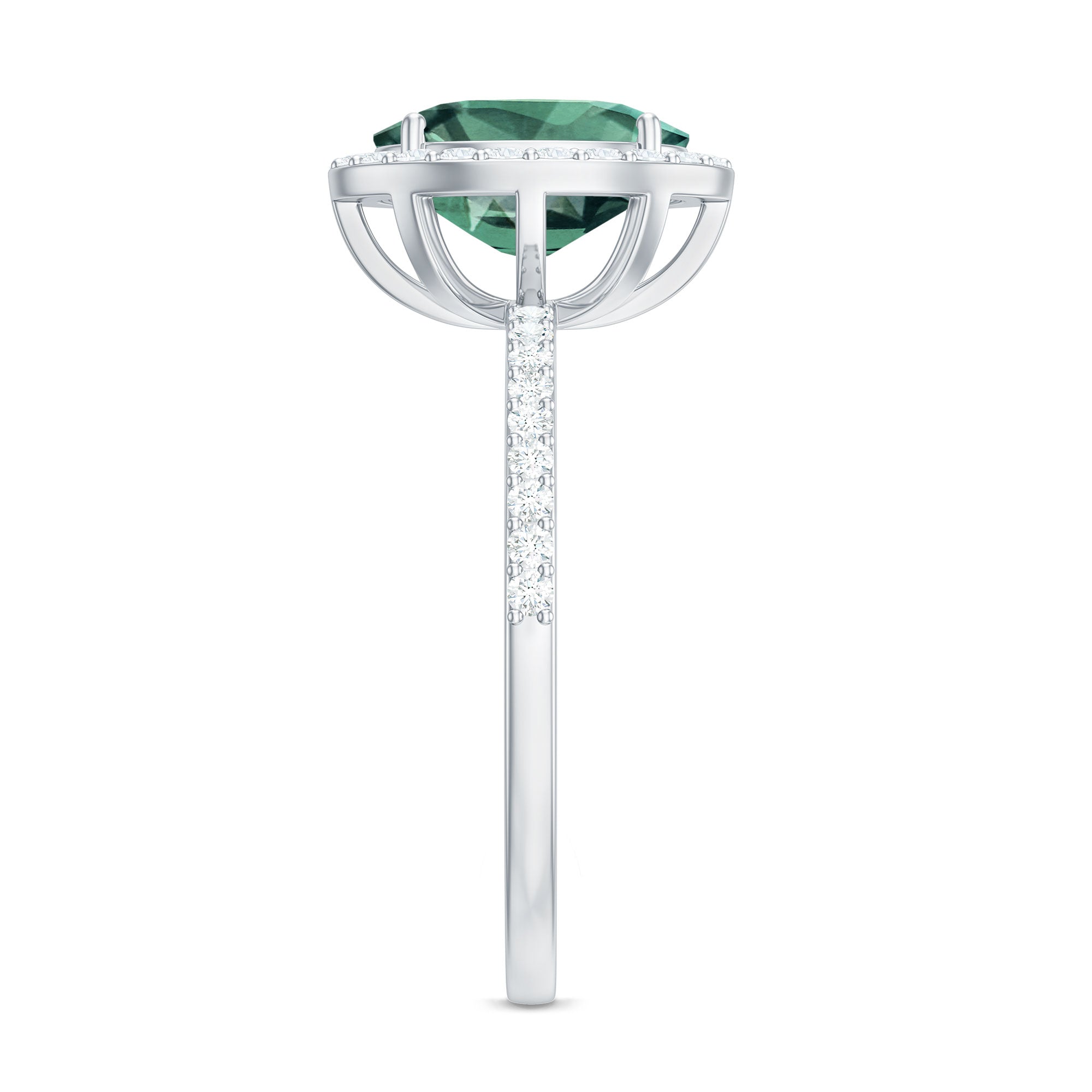 Oval Cut Created Green Sapphire and Diamond Halo Ring