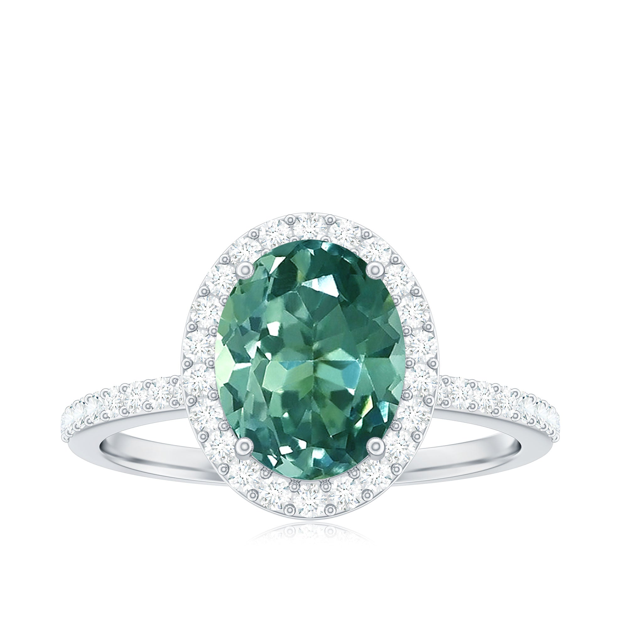 Oval Cut Created Green Sapphire and Diamond Halo Ring