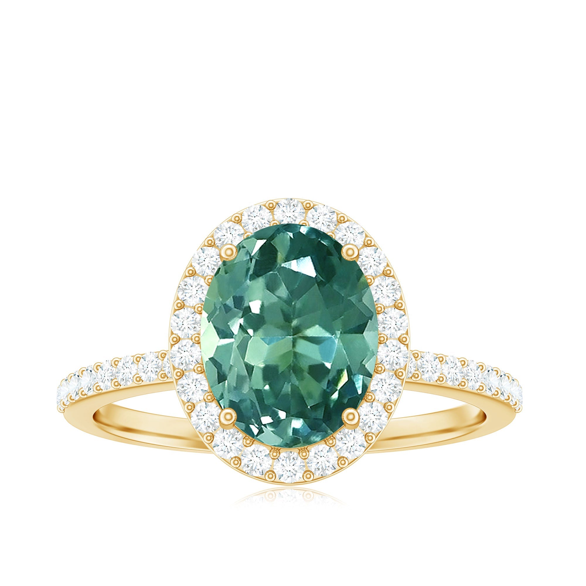 Oval Cut Created Green Sapphire and Diamond Halo Ring