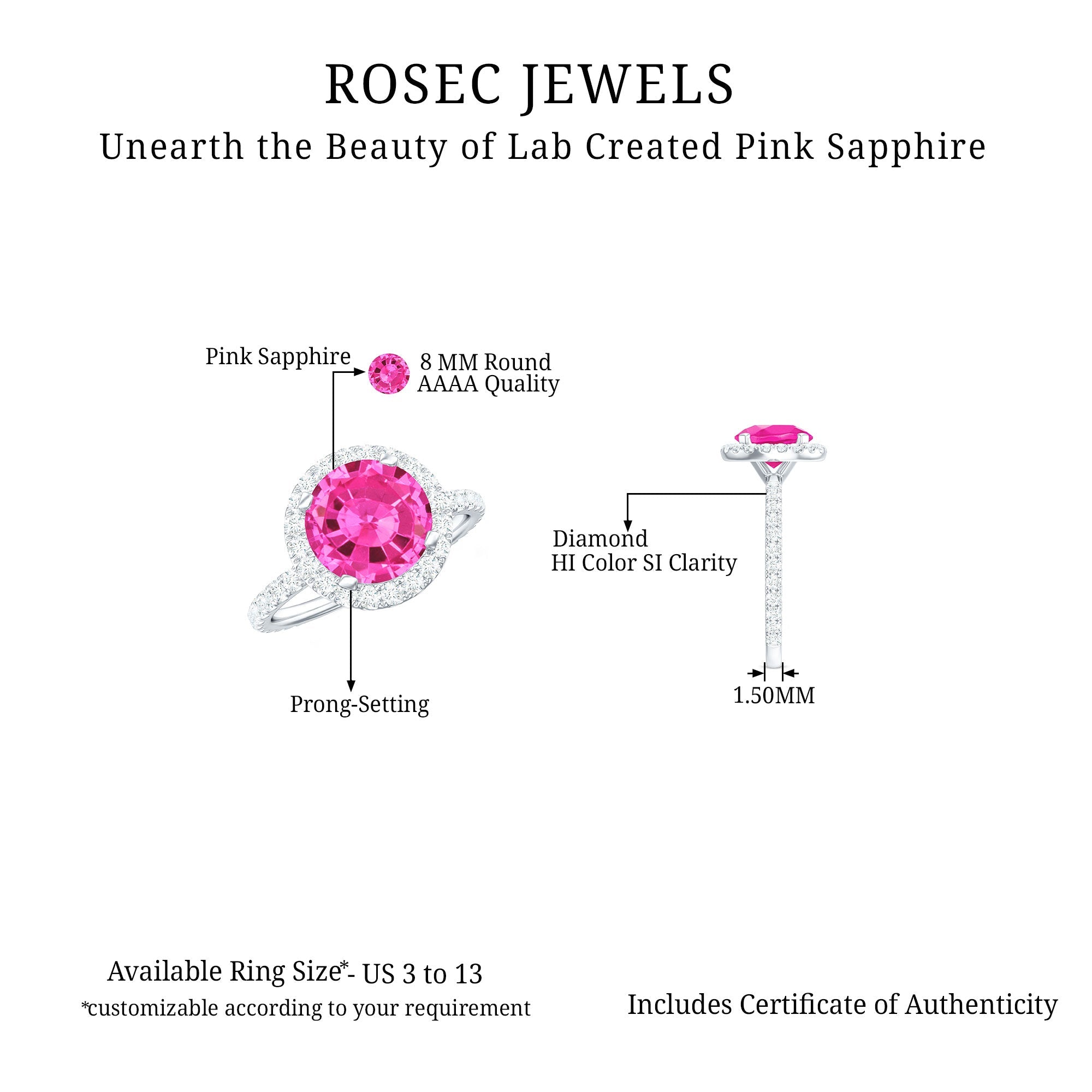 2.25 Carat Round Lab Grown Pink Sapphire and Diamond Engagement Ring