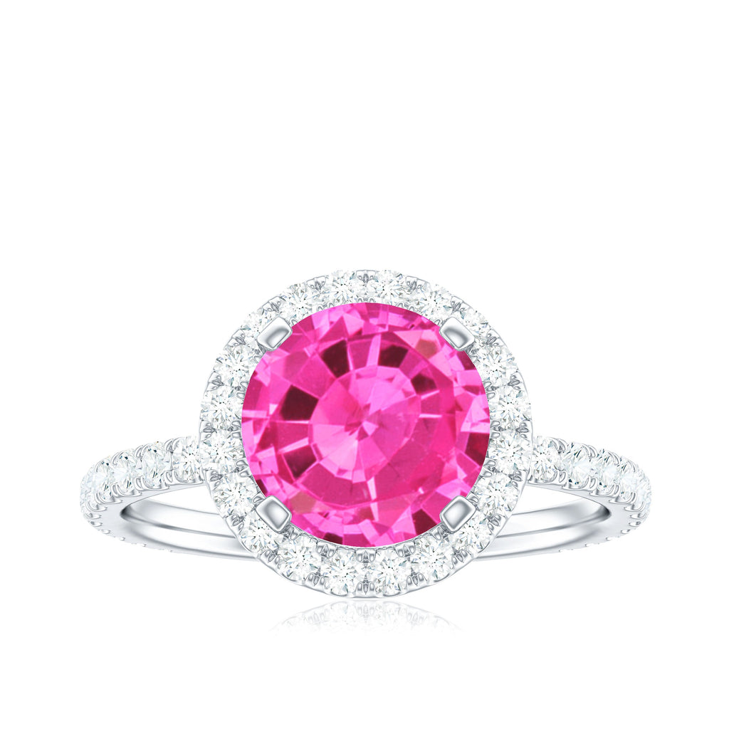 2.25 Carat Round Lab Grown Pink Sapphire and Diamond Engagement Ring