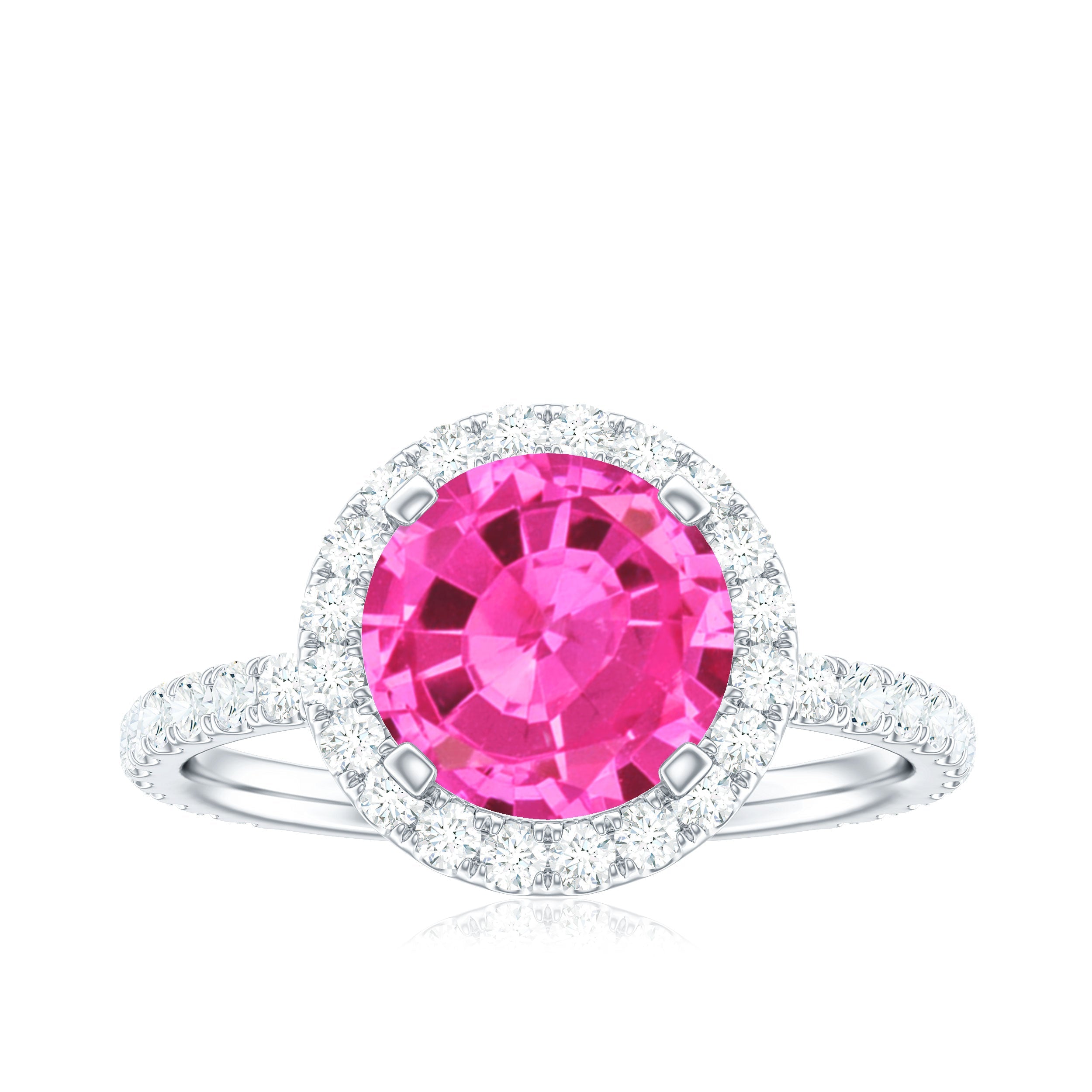 2.25 Carat Round Lab Grown Pink Sapphire and Diamond Engagement Ring