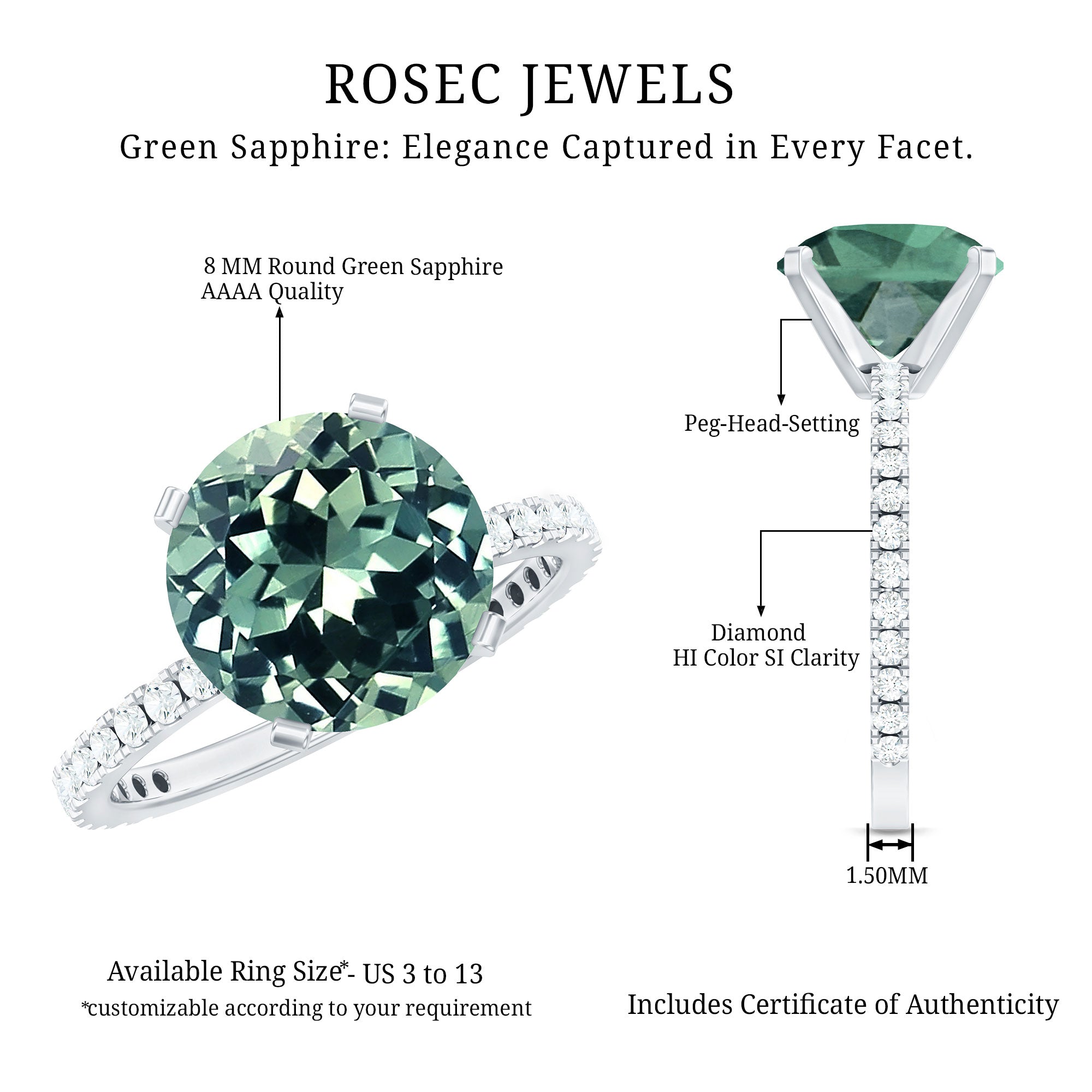 Created Green Sapphire Solitaire Engagement Ring with Diamond