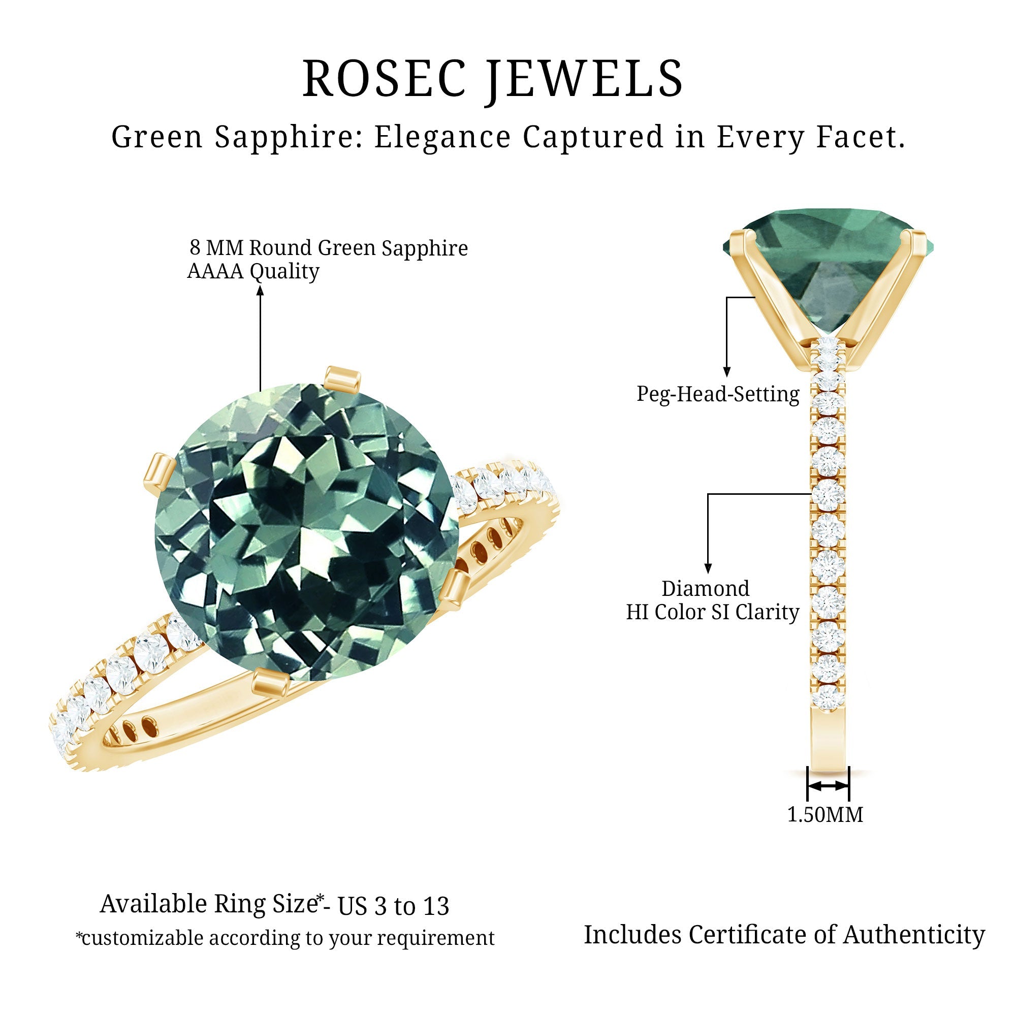 Created Green Sapphire Solitaire Engagement Ring with Diamond
