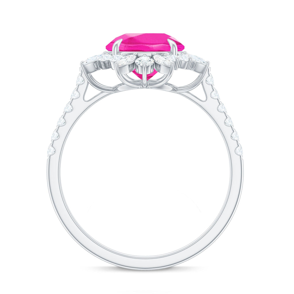 Created Pink Sapphire Cocktail Ring with Moissanite Floral Halo
