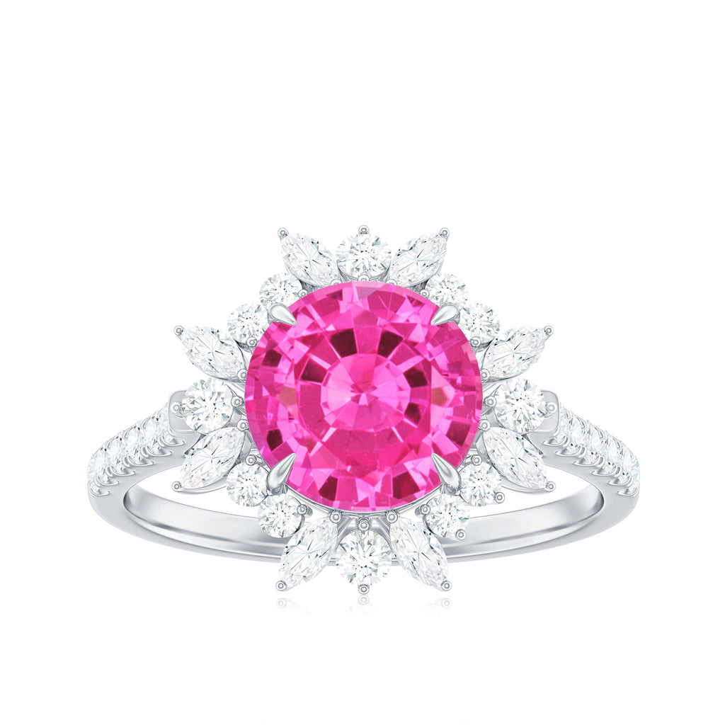 Created Pink Sapphire Cocktail Ring with Moissanite Floral Halo