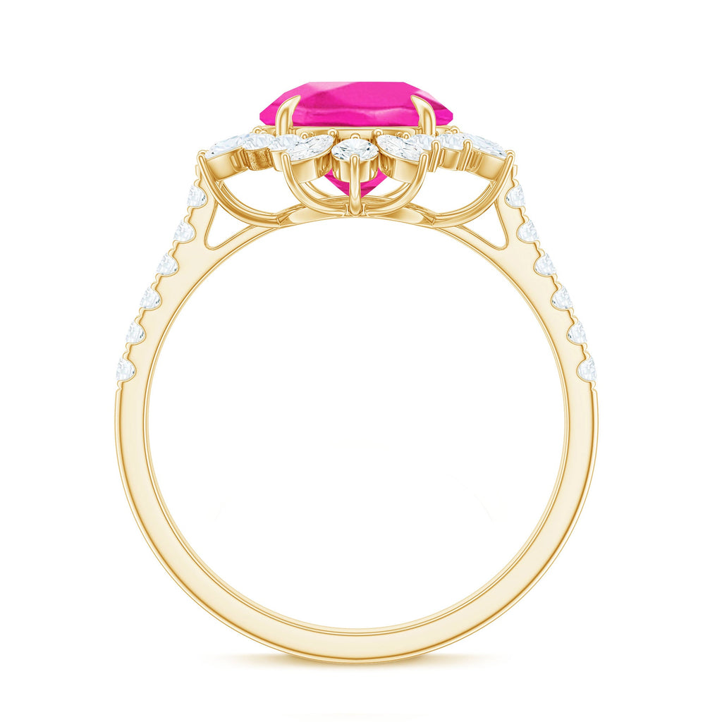 Created Pink Sapphire Cocktail Ring with Moissanite Floral Halo