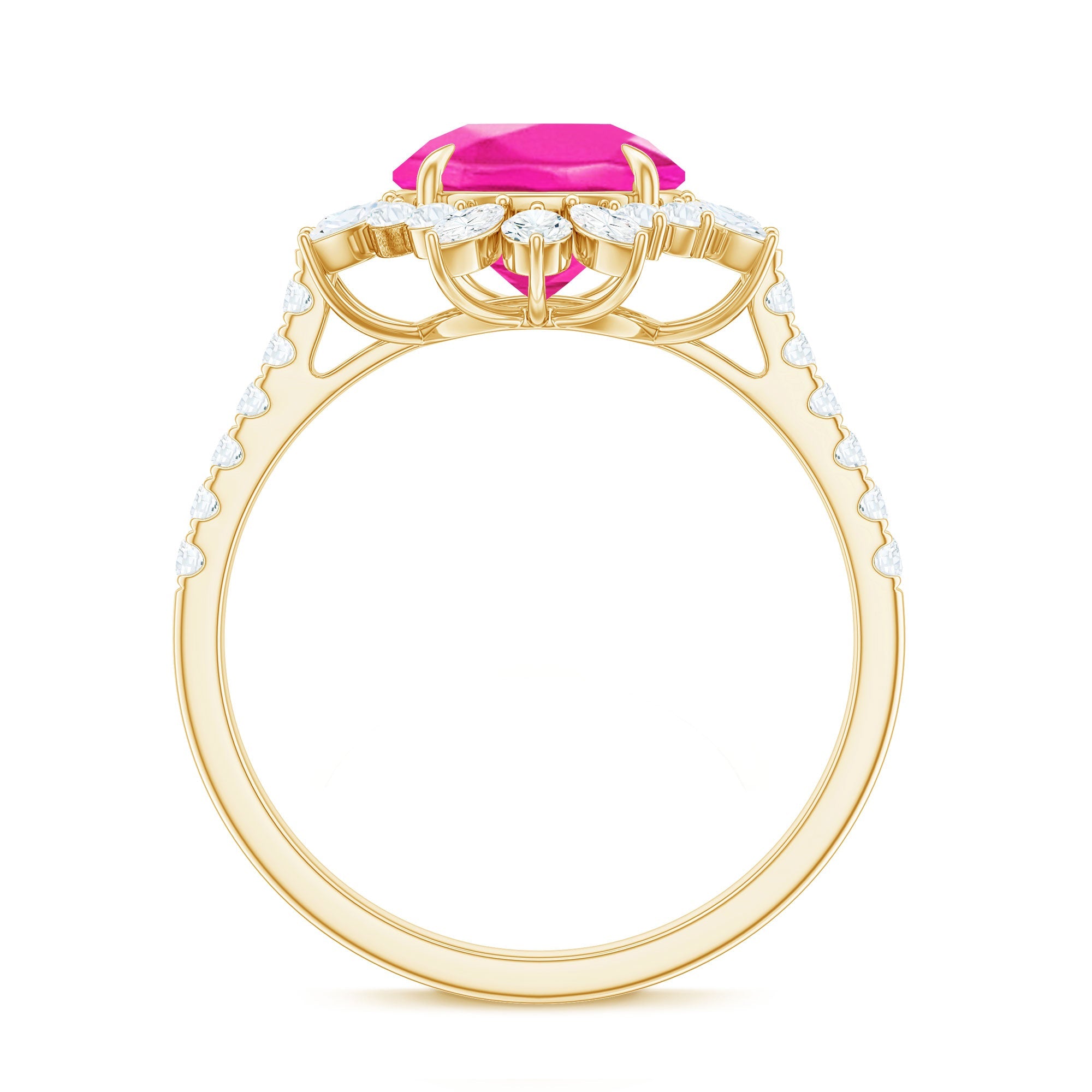 Created Pink Sapphire Cocktail Ring with Moissanite Floral Halo