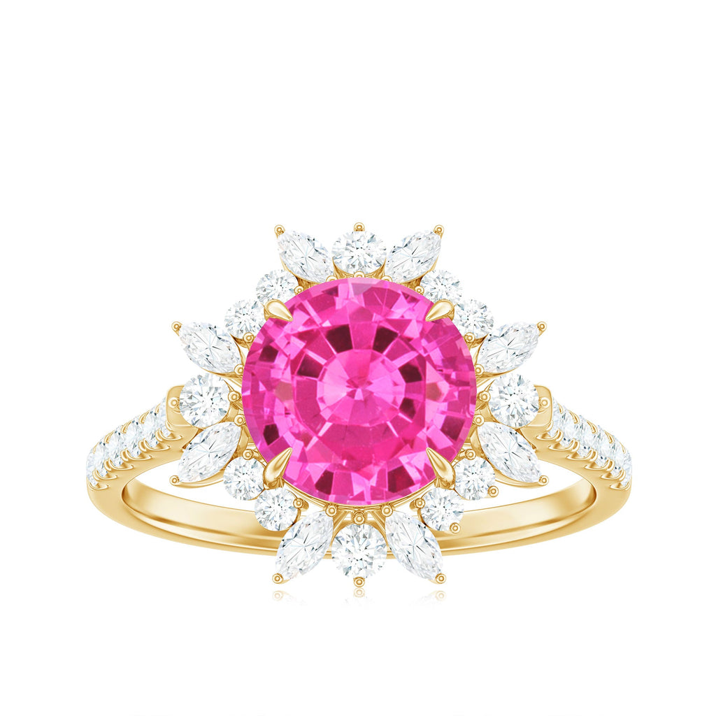 Created Pink Sapphire Cocktail Ring with Moissanite Floral Halo