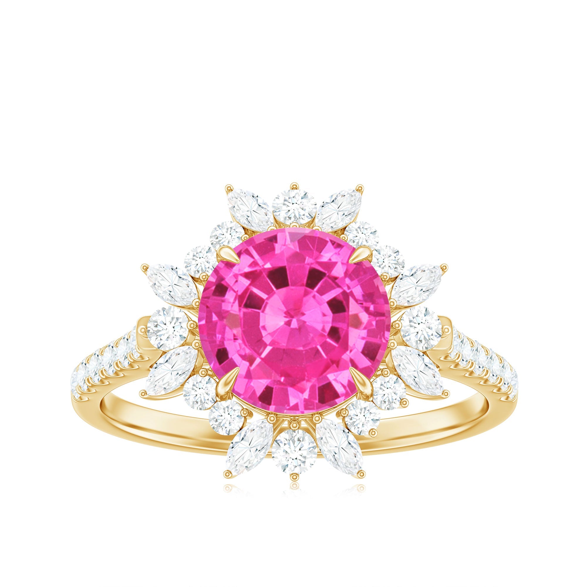 Created Pink Sapphire Cocktail Ring with Moissanite Floral Halo