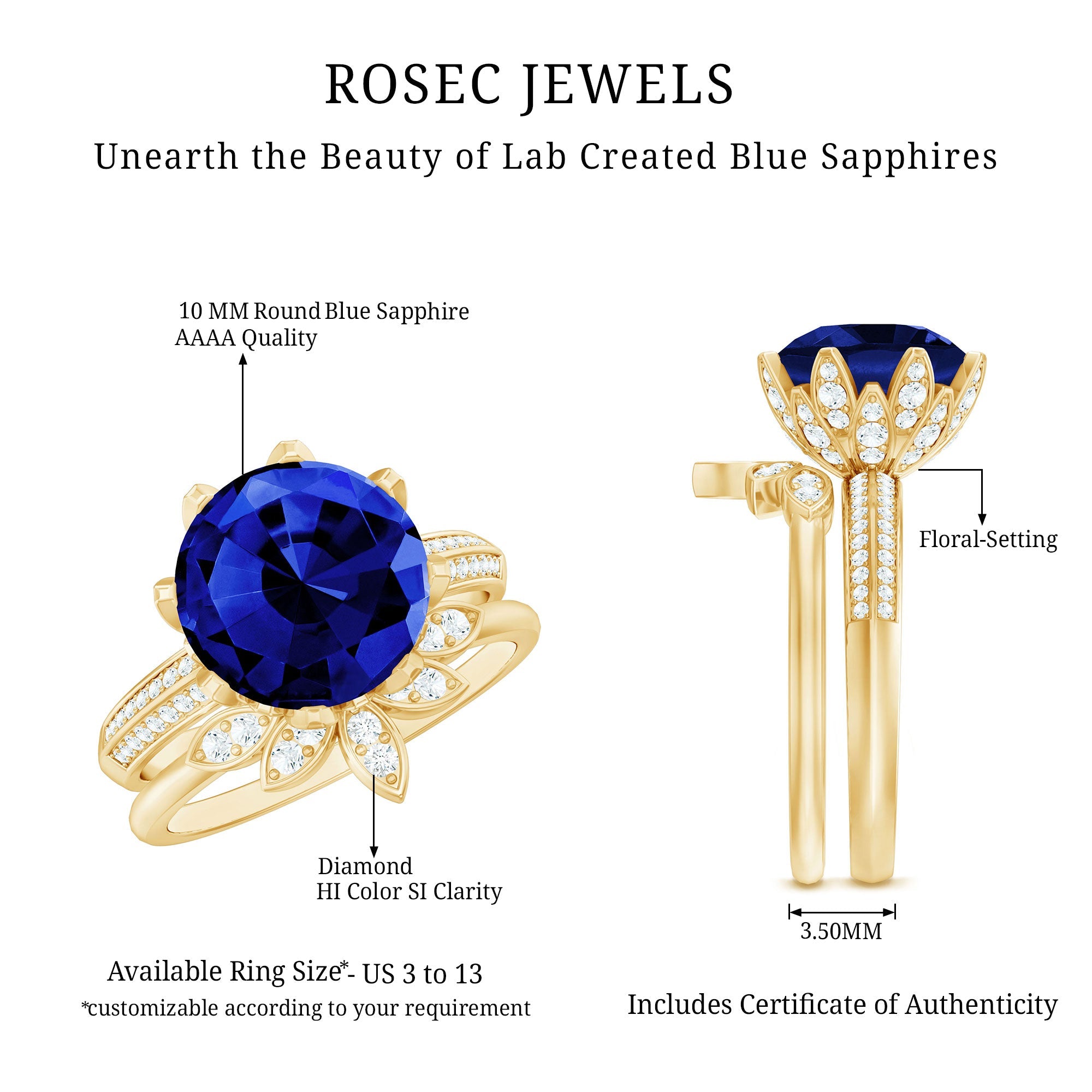 Nature Inspired 4.5 Carat Lab Grown Blue Sapphire Diamond Engagement Ring with Enhancer
