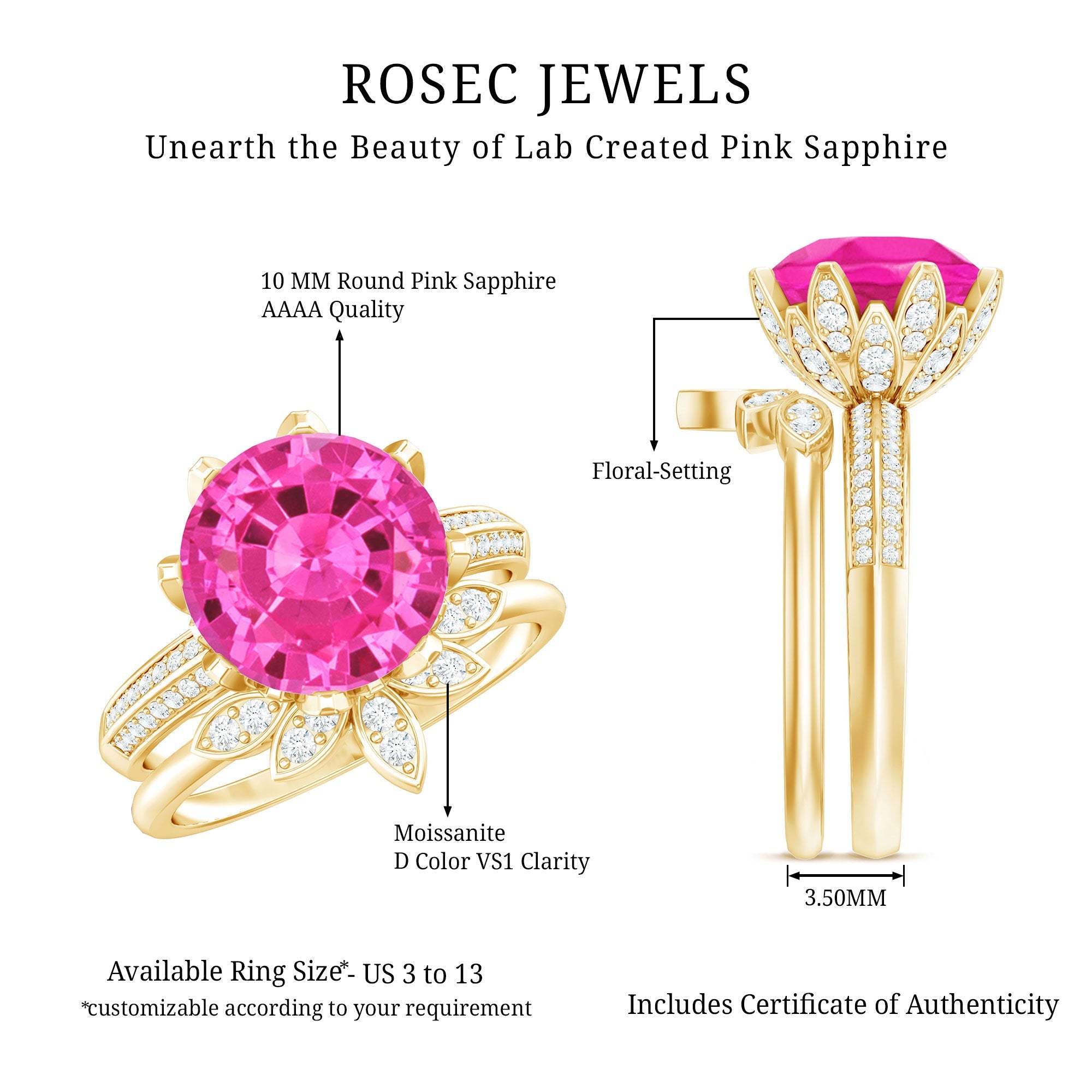 Floral Inspired Lab Grown Pink Sapphire Bridal Wedding Ring Set With Moissanite