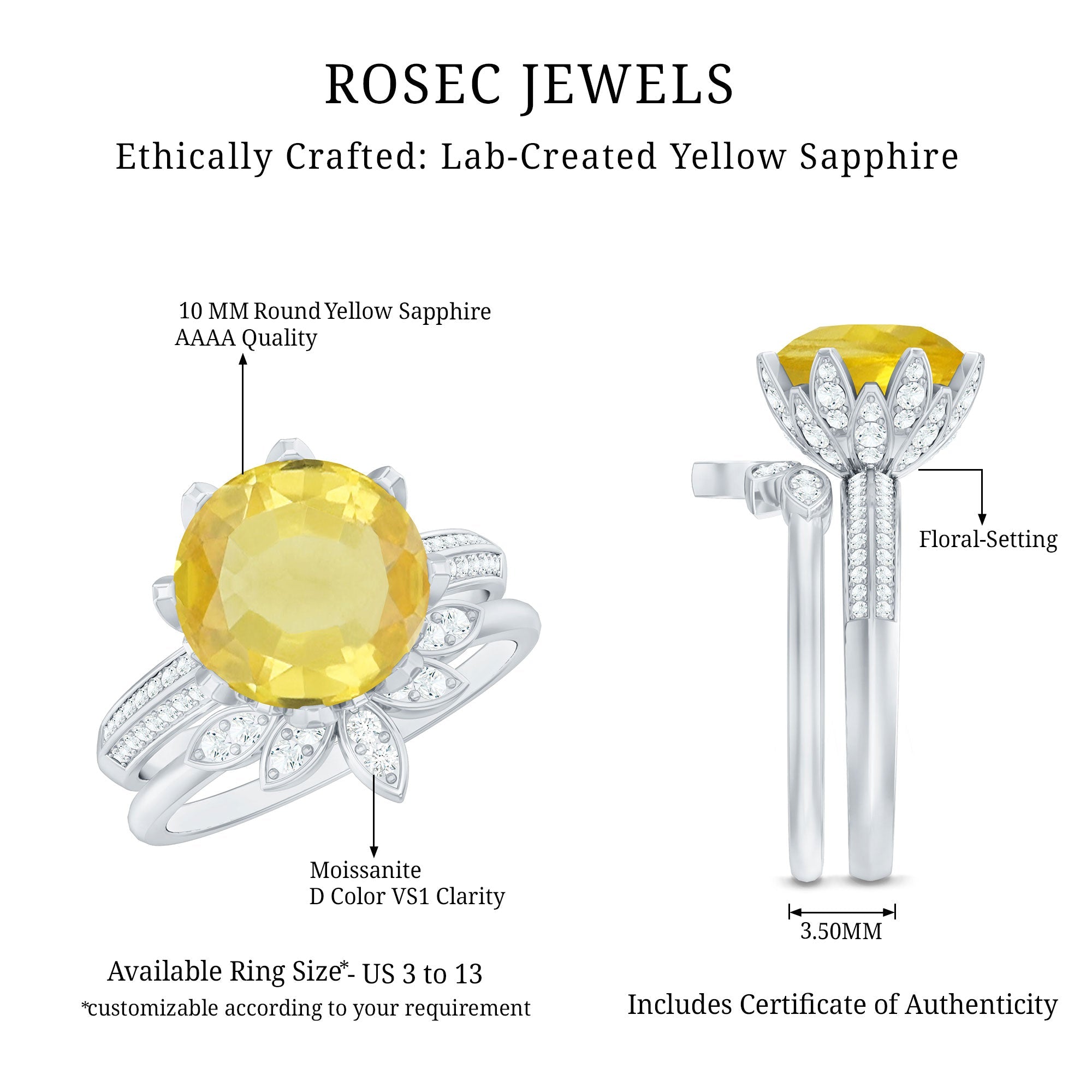 Lab Grown Yellow Sapphire Wedding Engagement Ring with Enhancer
