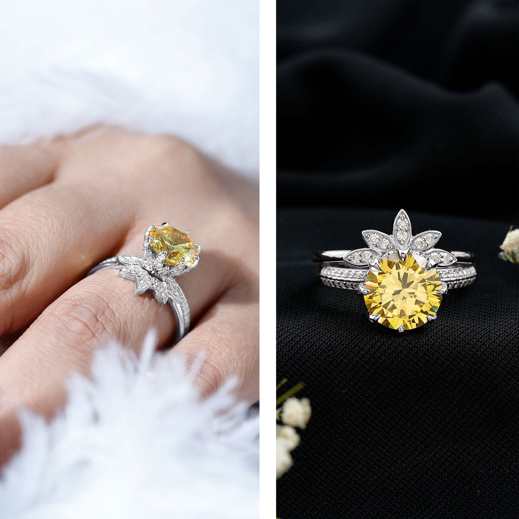 Lab Grown Yellow Sapphire Wedding Engagement Ring with Enhancer