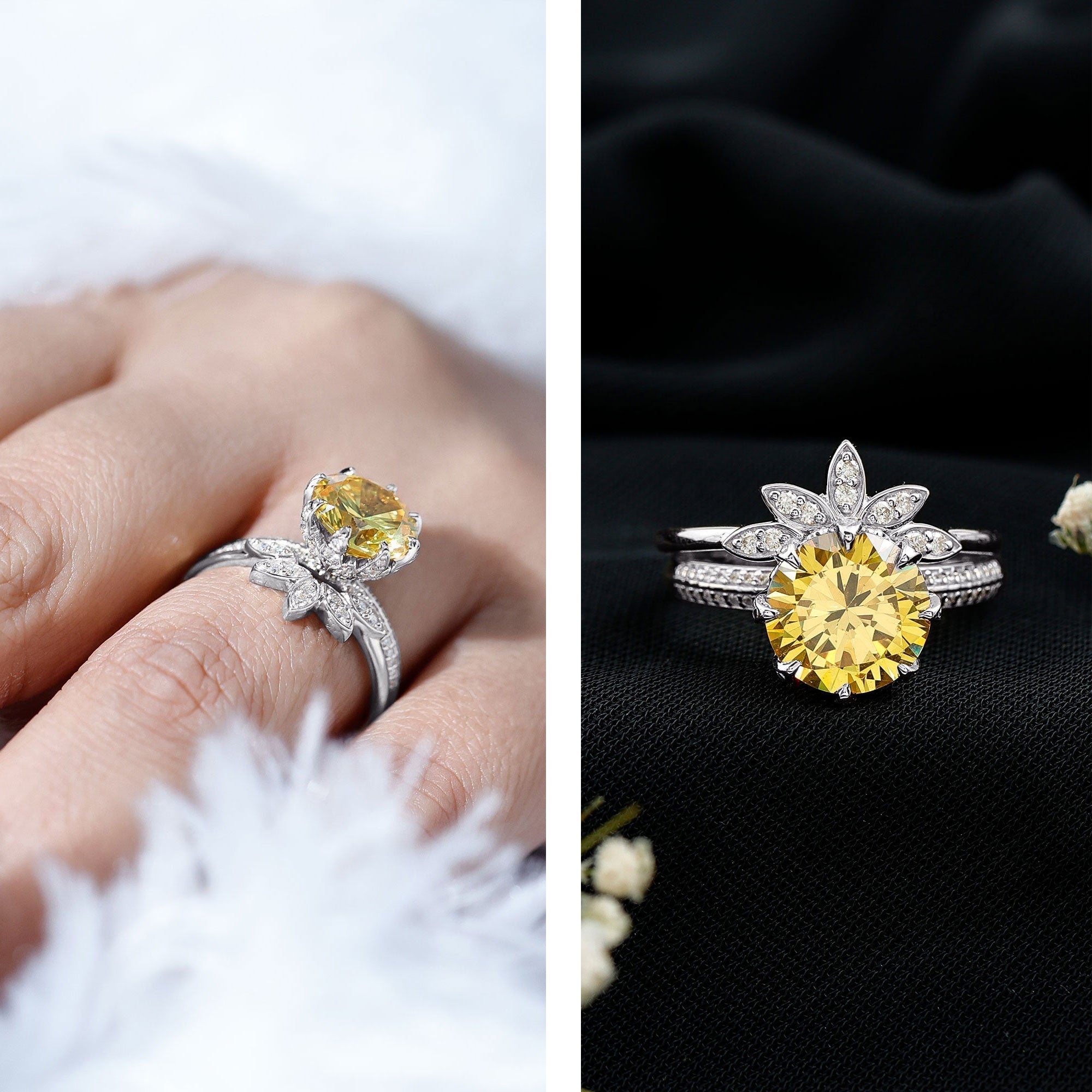 Lab Grown Yellow Sapphire Wedding Engagement Ring with Enhancer