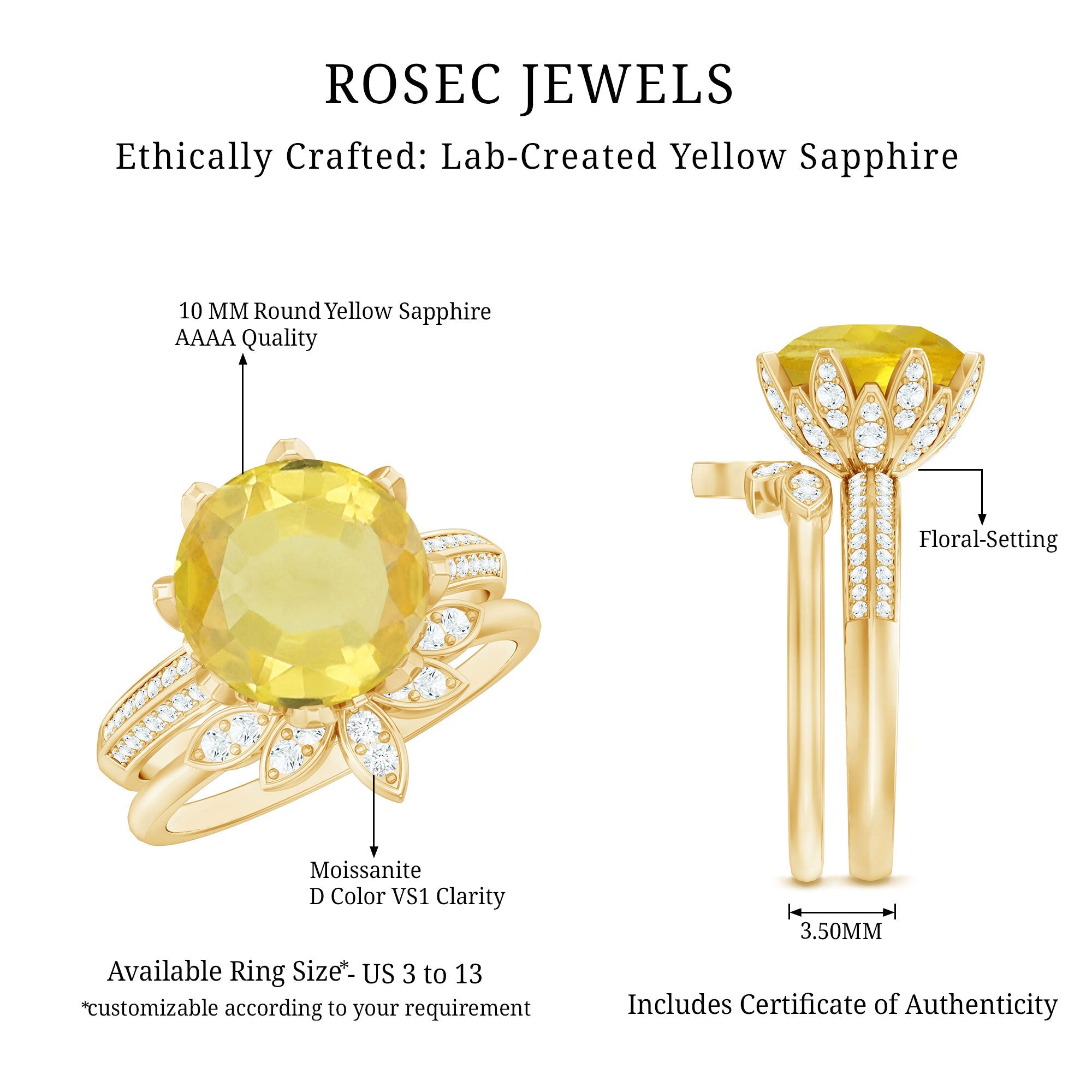Lab Grown Yellow Sapphire Wedding Engagement Ring with Enhancer
