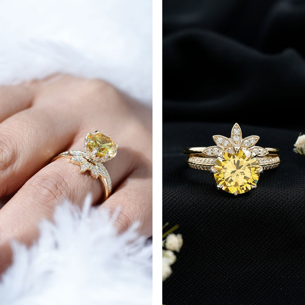Lab Grown Yellow Sapphire Wedding Engagement Ring with Enhancer