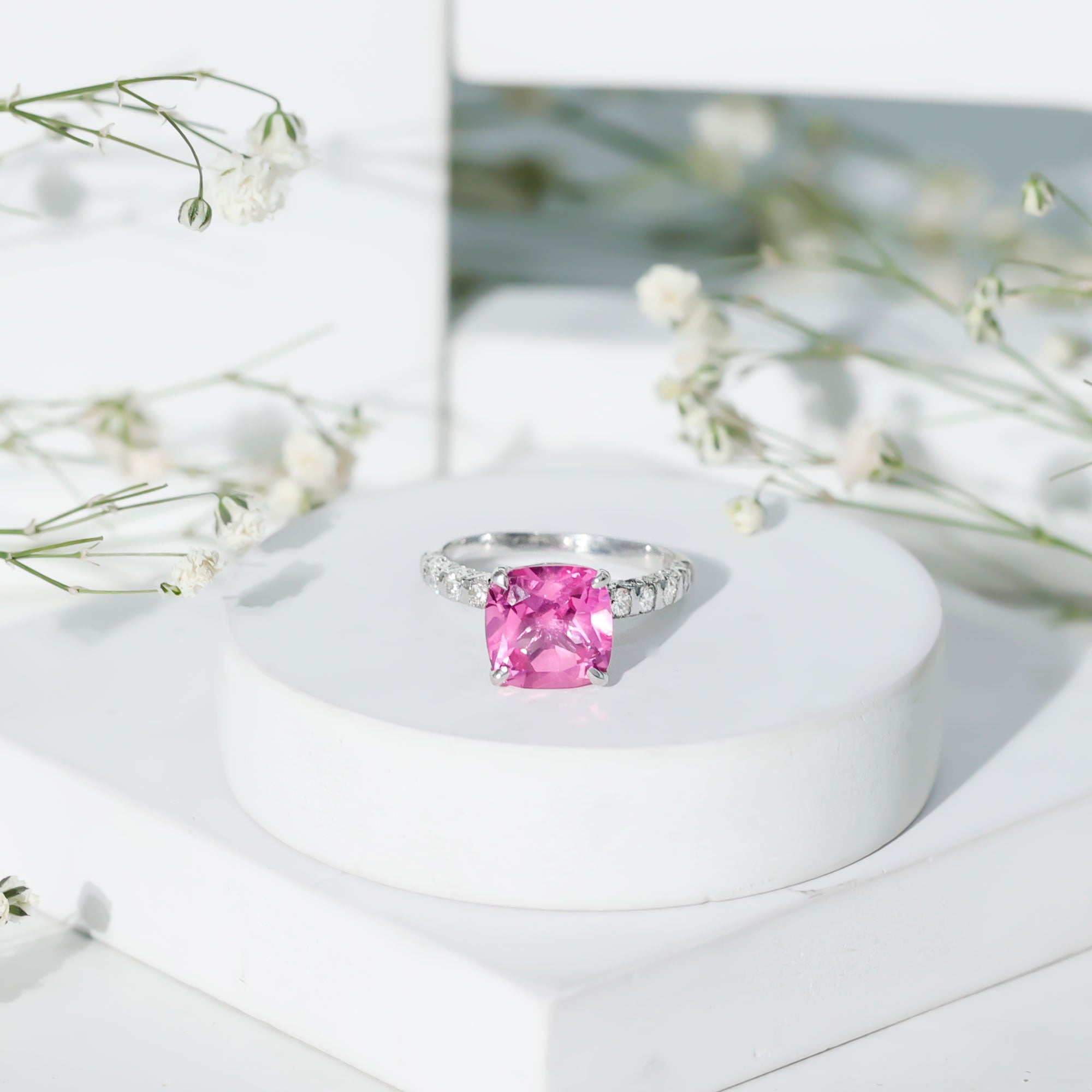 Created Pink Sapphire Engagement Ring with Diamond