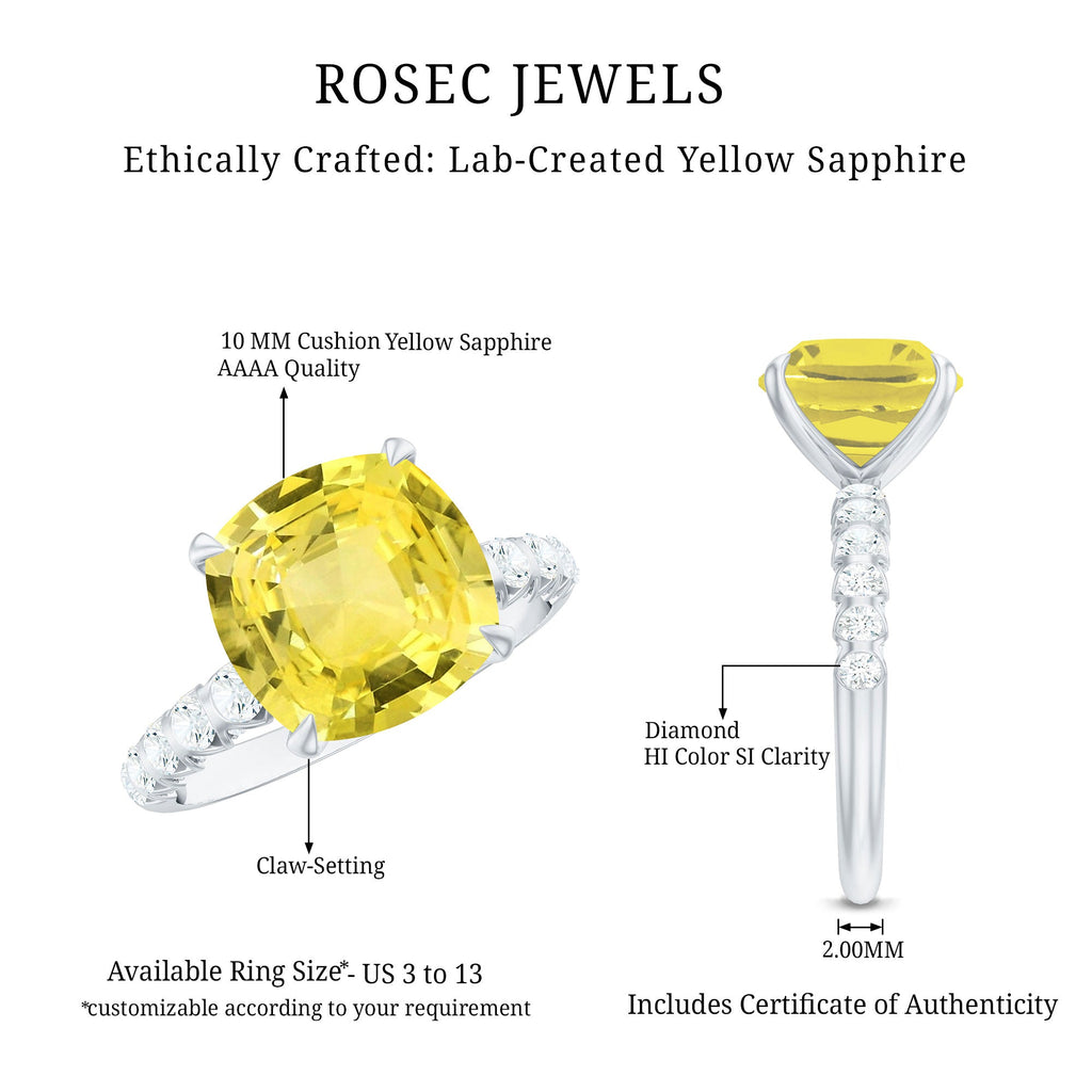 Cushion Cut Created Yellow Sapphire Engagement Ring with Diamond