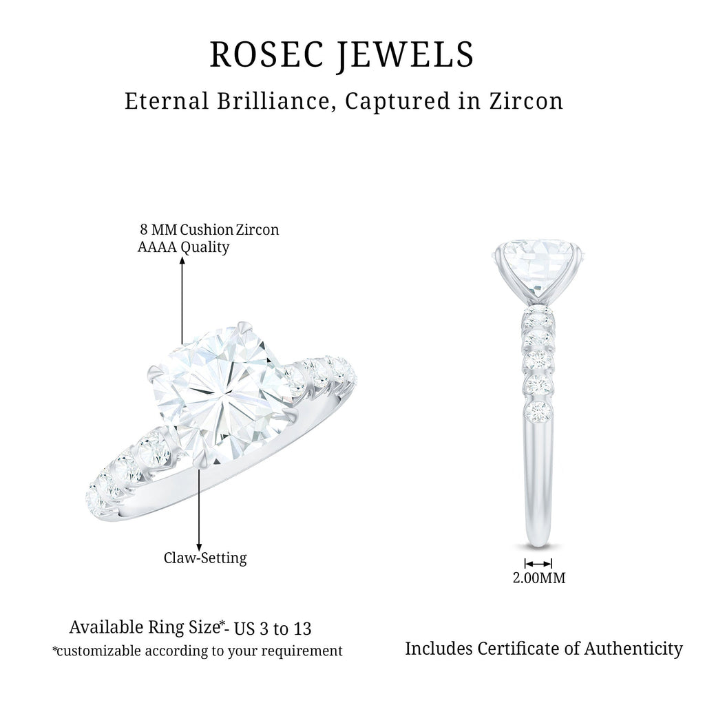 Cushion Cut Zircon Engagement Ring with Side Stones
