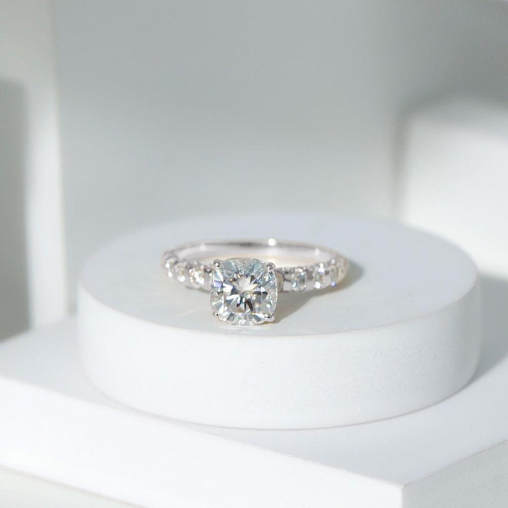 Cushion Cut Zircon Engagement Ring with Side Stones