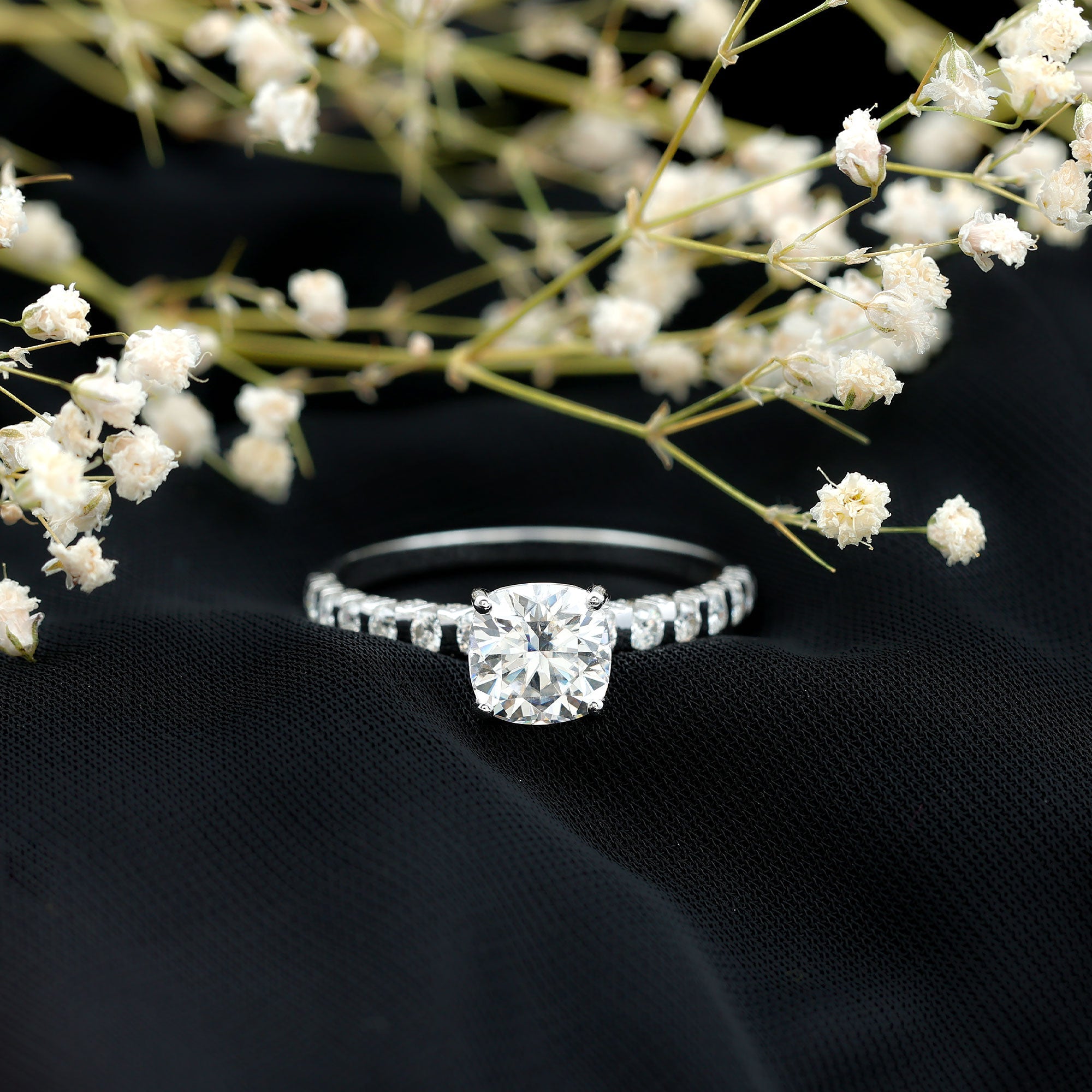 Cushion Cut Zircon Engagement Ring with Side Stones