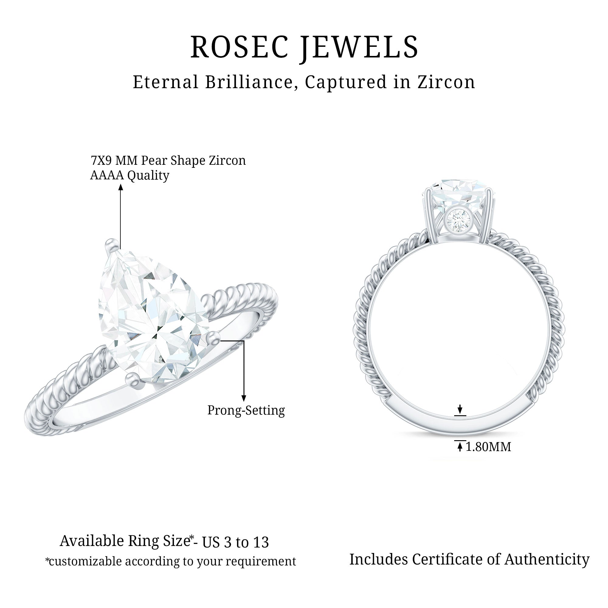 Certified Pear Zircon Solitaire Engagement Ring