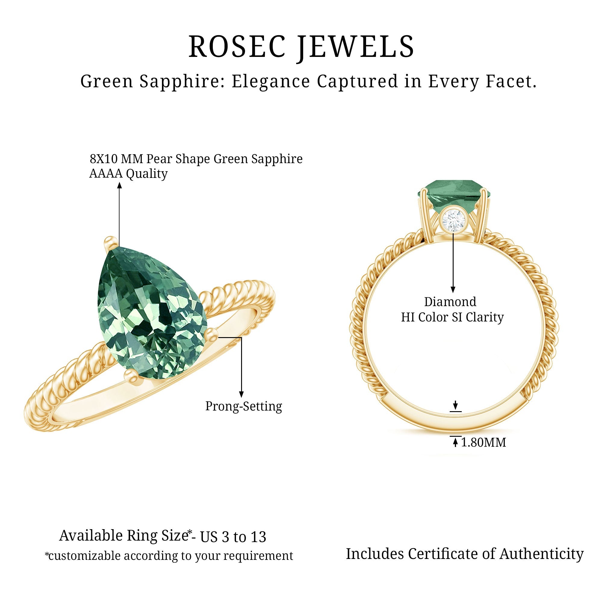 Pear Shape Created Green Sapphire Solitaire Engagement Ring