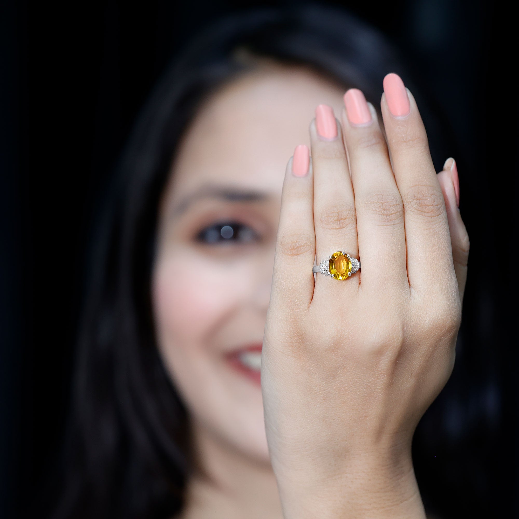 Created Yellow Sapphire Oval Engagement Ring with Diamond Accent